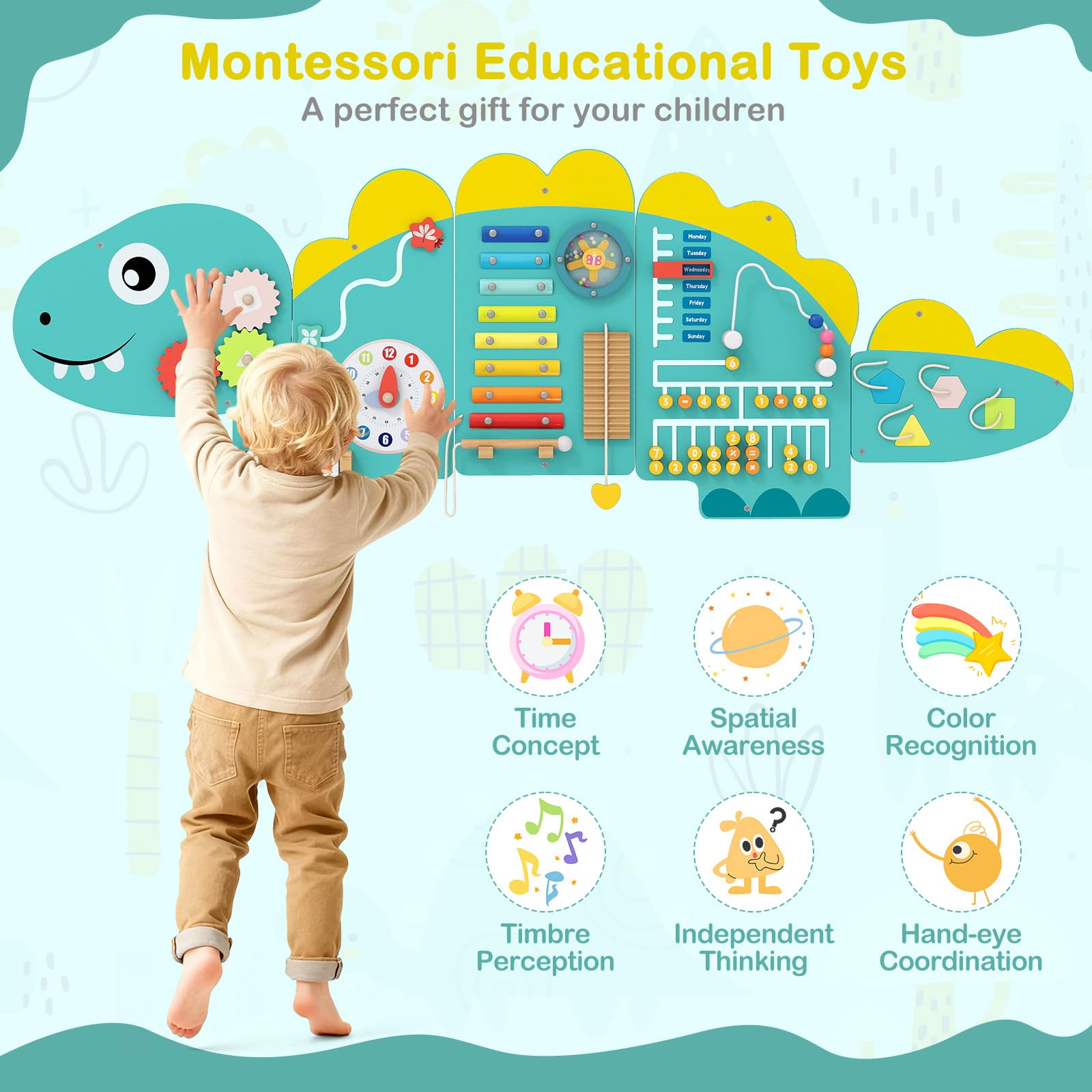HONEY JOY Dinosaur Activity Wall Busy Board Panels, 11-in-1 Wooden Sensory Wall Panel for Kids, Toddler Learning Activity Center, Ideal for Playroom