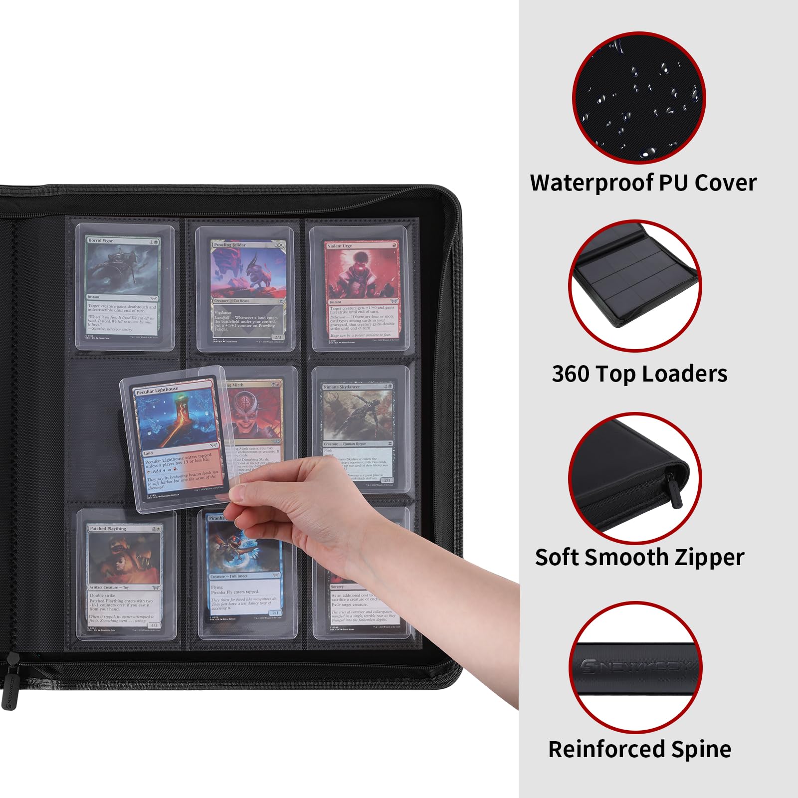 Snekdy Top loader Binder, 9 Pockets Top Loader?Holds 360 Top Loaders cards, Card binder with Sleeves for card in 3 x 4 inches color smooth Zipper PU