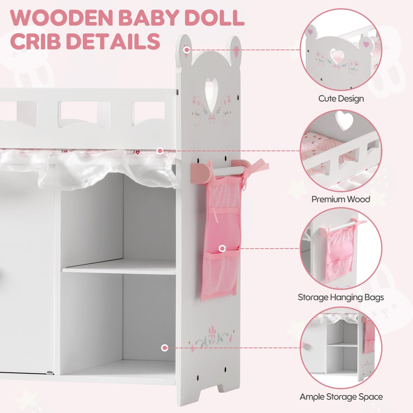 ROBOTIME Baby Doll Crib - Wooden Baby Doll Changing Table with Storage - Bedding & Hooks, Fits 18-21" Dolls, Doll Bed Playset for Girls Ages 3+