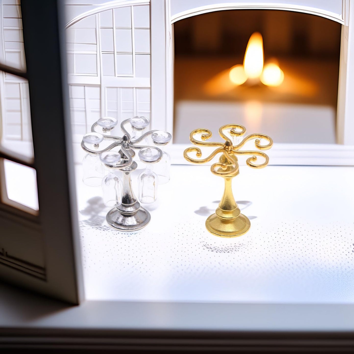1:12 Scale Miniature Wine Glass Set with Metal Rack (Gold/Silver), 6 Clear Goblets, Elegant Dollhouse Dining Room & Bar Accessory for Collectors