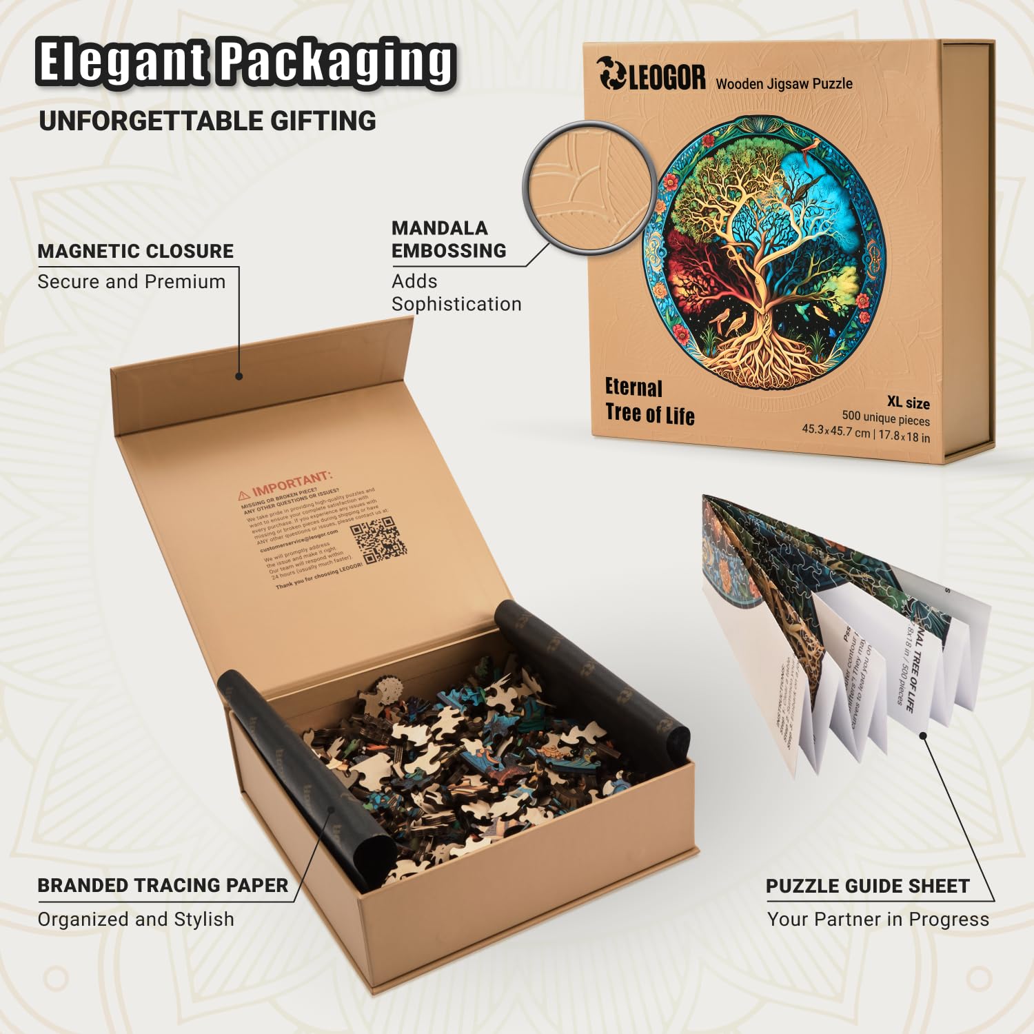 LEOGOR Wooden Jigsaw Puzzles for Adults 500 Pieces (17.8 x 18 in), Extra-Thick 5mm Wood, Large Round Tree of Life Puzzle with Unique Nature Inspired