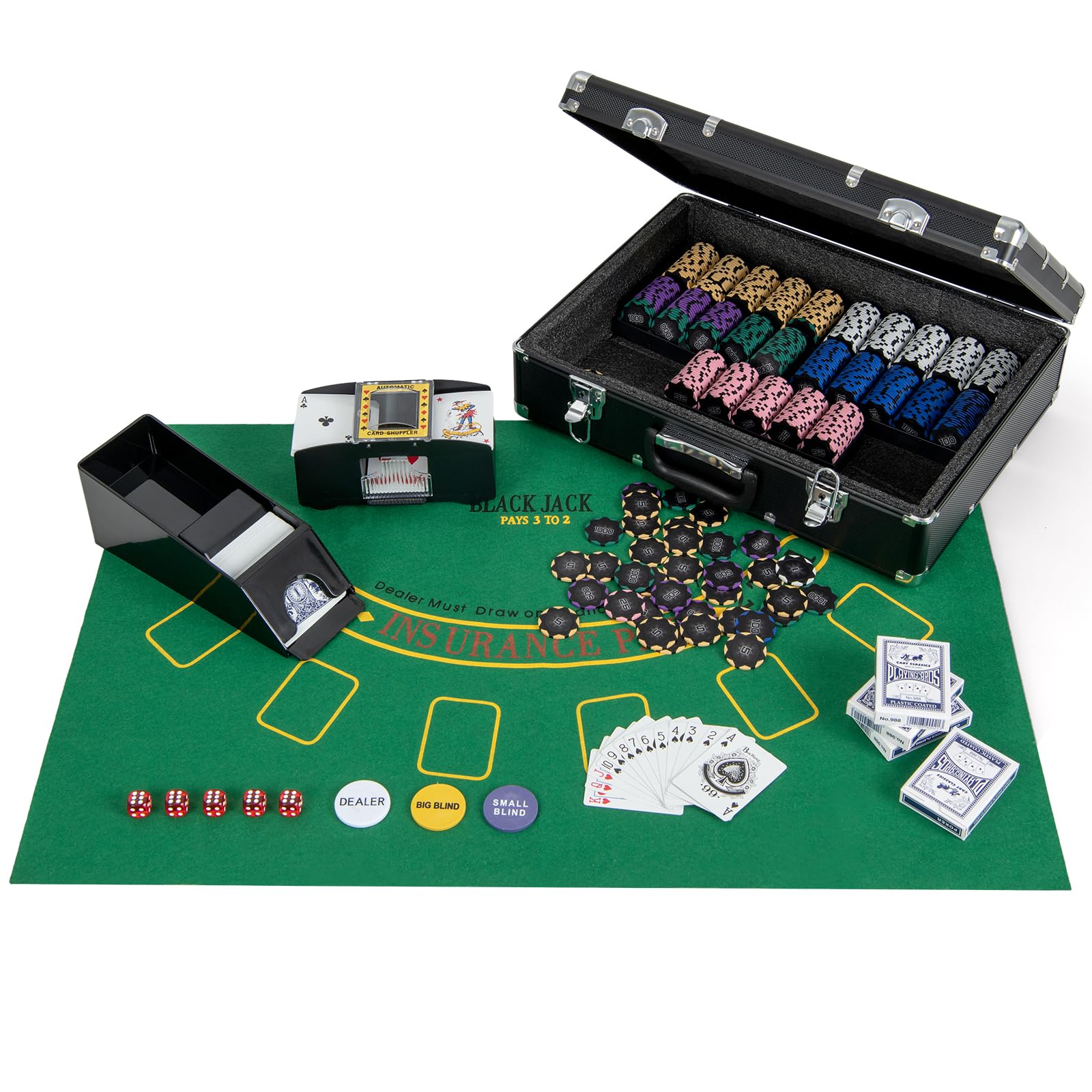 Goplus Poker Chip Set, 600 PCS 14 Gram Clay Poker Chips w/Case, Automatic Card Shuffler, 6 Decks Cards, 5 Dices, Card Shoe, 3 Dealer Buttons, Poker