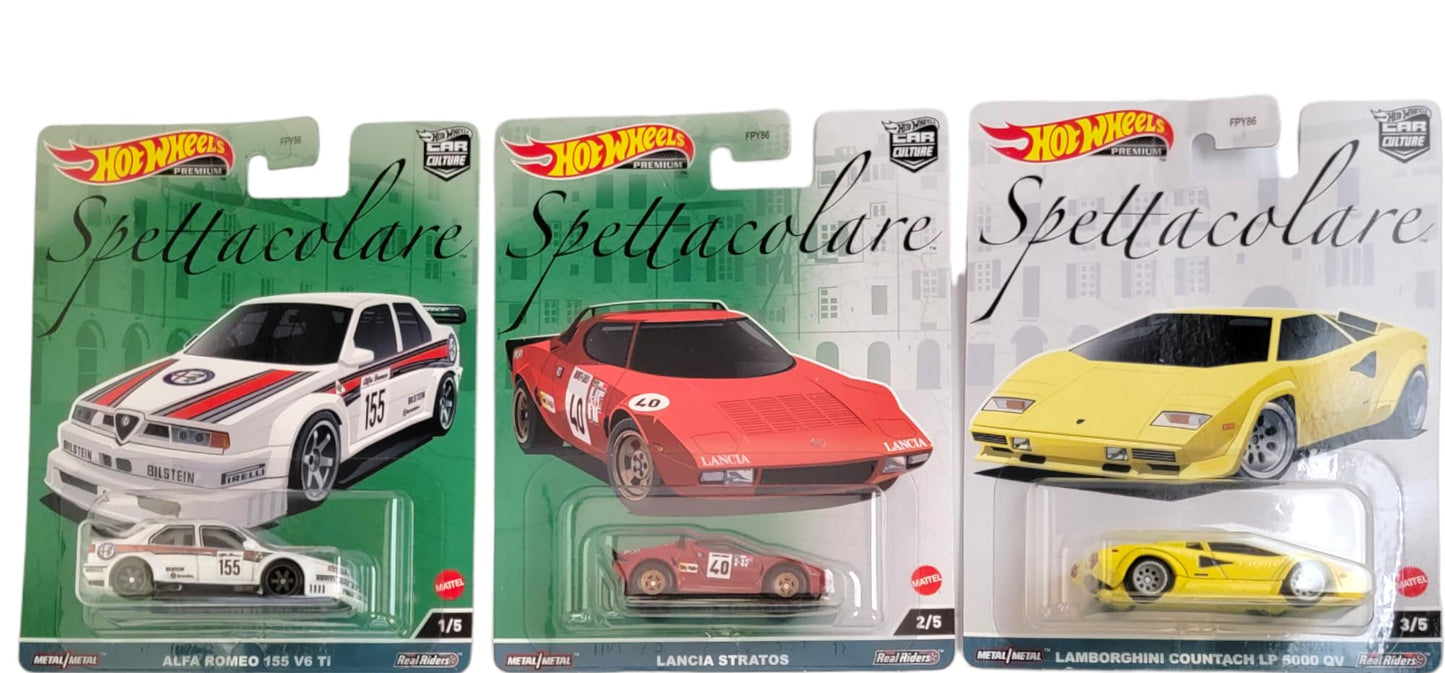 Hot Wheels Car Culture 2023 Spettacolare Series - Bundled Complete 5?Pack (FPY86?959B) | Alfa Romeo Giulia GTA, 155 V6 Ti, Lancia Stratos, Countach