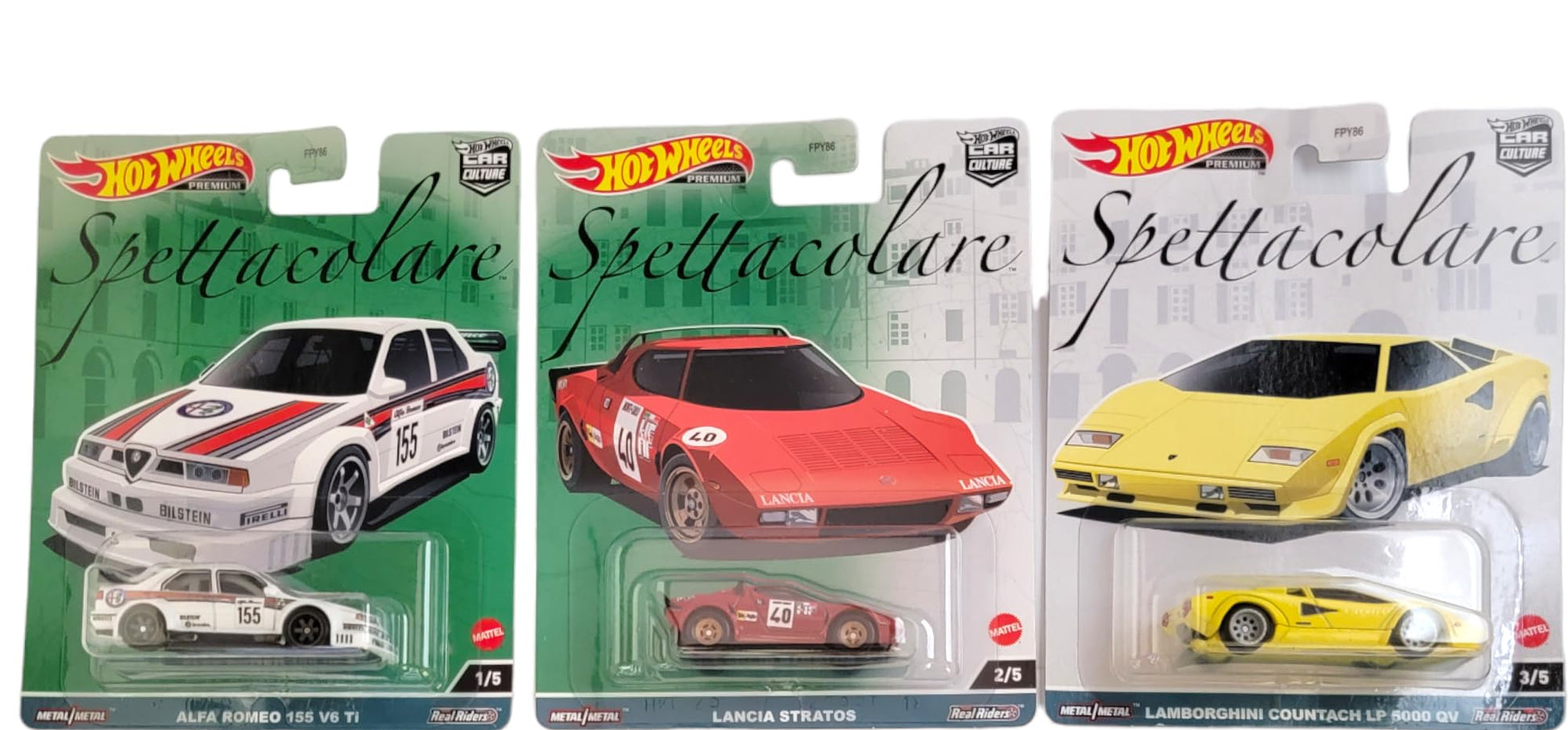 Hot Wheels Car Culture 2023 Spettacolare Series - Bundled Complete 5?Pack (FPY86?959B) | Alfa Romeo Giulia GTA, 155 V6 Ti, Lancia Stratos, Countach