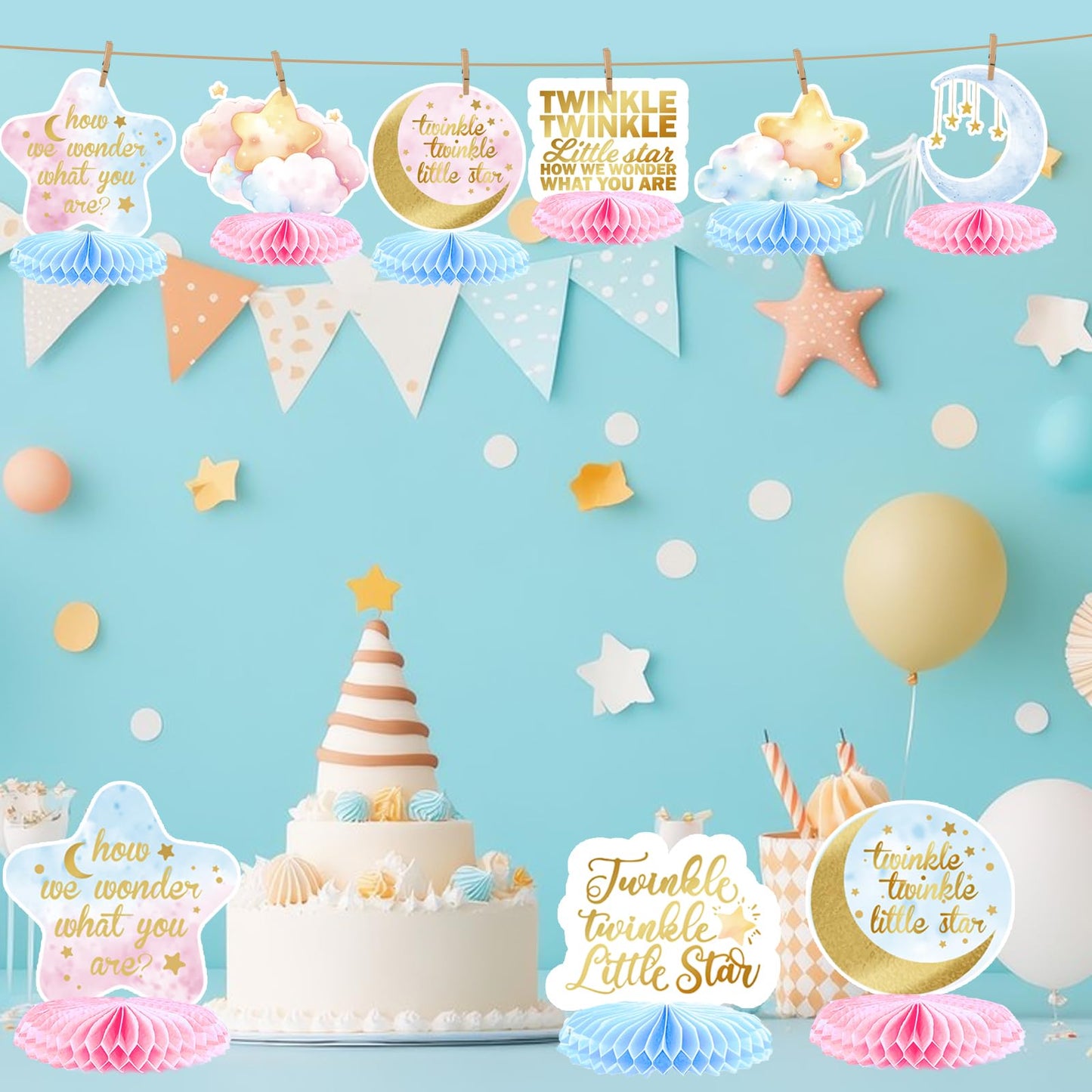 Twinkle Twinkle Little Star Honeycomb Centerpieces, Twinkle Twinkle Little Star Gender Reveal Decorations, Gender Reveal Centerpieces for Table