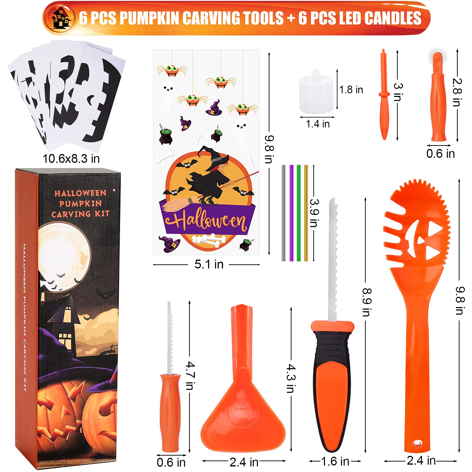SKINOSM Pumpkin Carving Kit for Kids, 6 Easy Halloween Pumpkin Carving Tools Set, 6 LED Candles, 10 Carving Stencils & 20 Halloween Cellophane Candy