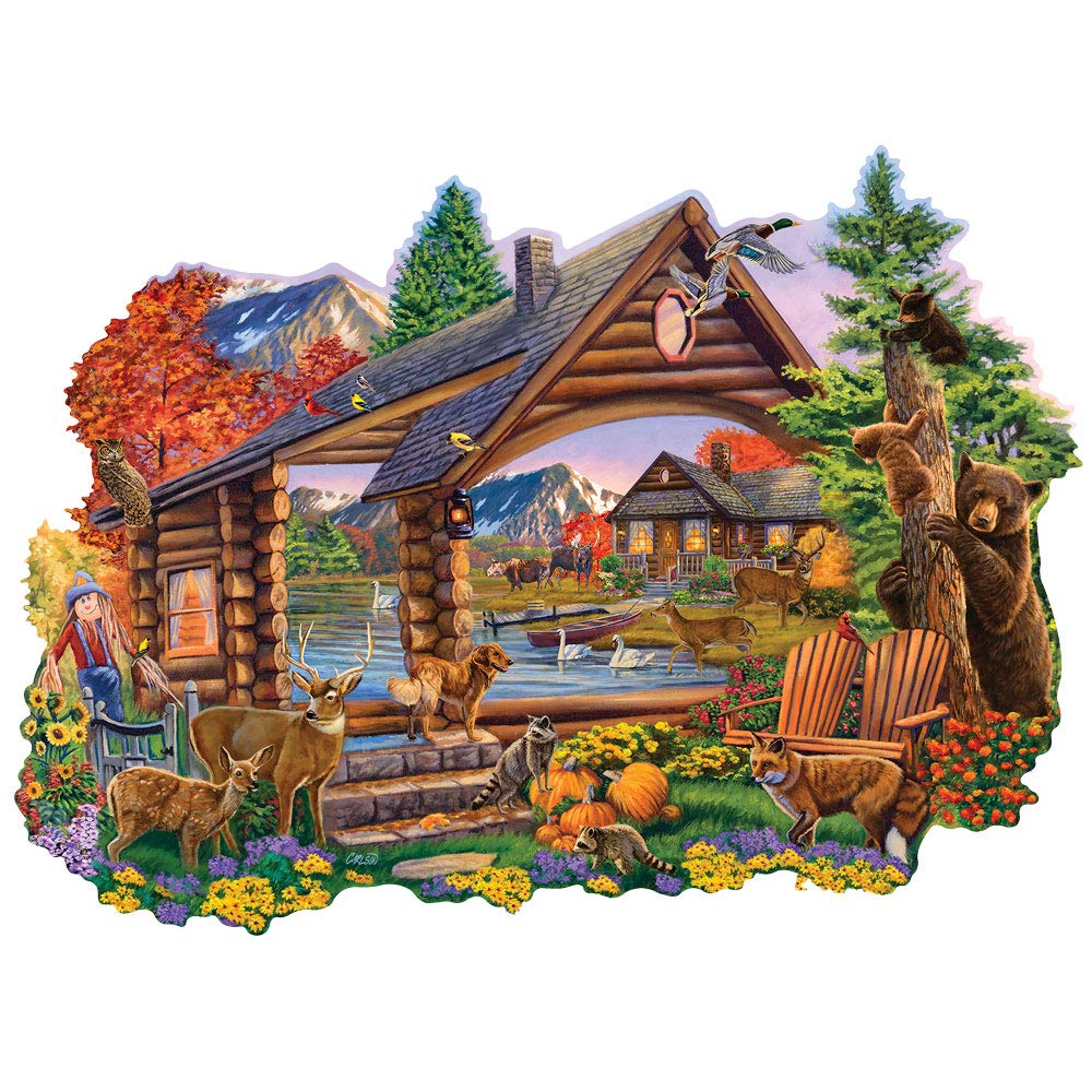 Bits and Pieces - 750 Piece Jigsaw Puzzle for Adults - Autumn Retreat - Shaped Forest Cabin Woods Nature Animal Flowers Trees Lake Mounatin Jigsaw