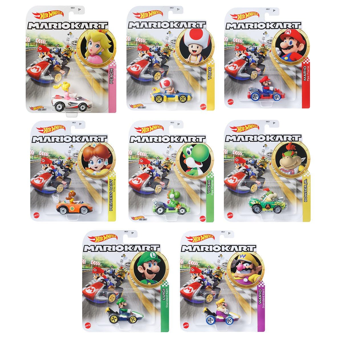 Hot Wheels Mario Kart Die-Cast Character Cars Collection, Bundle of 8, Nintendo Gaming Vehicles GBG25-957M