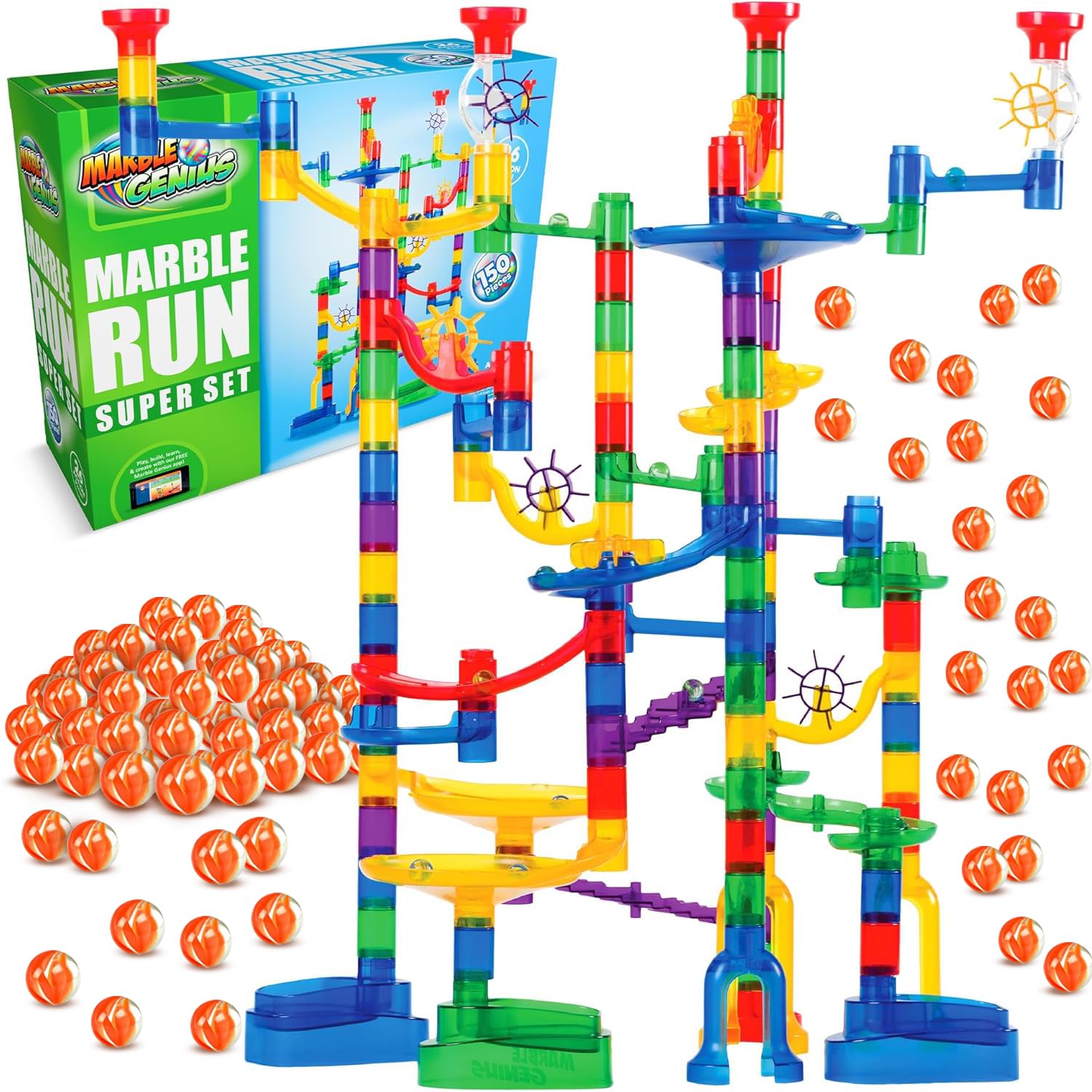 Marble Genius Marble Run Super Set, STEM Toys & Maze Construction Building - 150 Translucent Track Pieces & Glass Marble for Family, Kids Toddlers