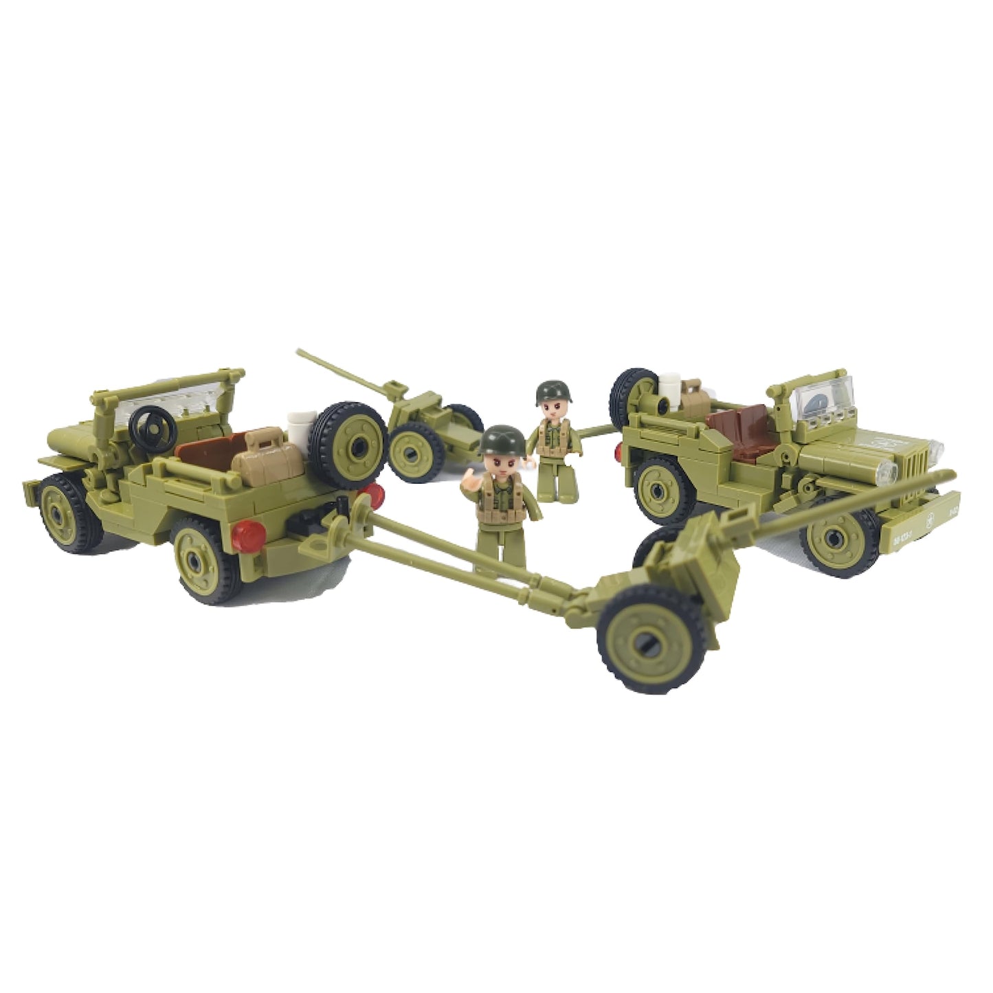 General Jim's WW2 US Army 4x4 Vehicle & Artillery Set Army Green Military Trucks with Tow Cannons, 2 Figures & Custom Weapons Brick Building Set