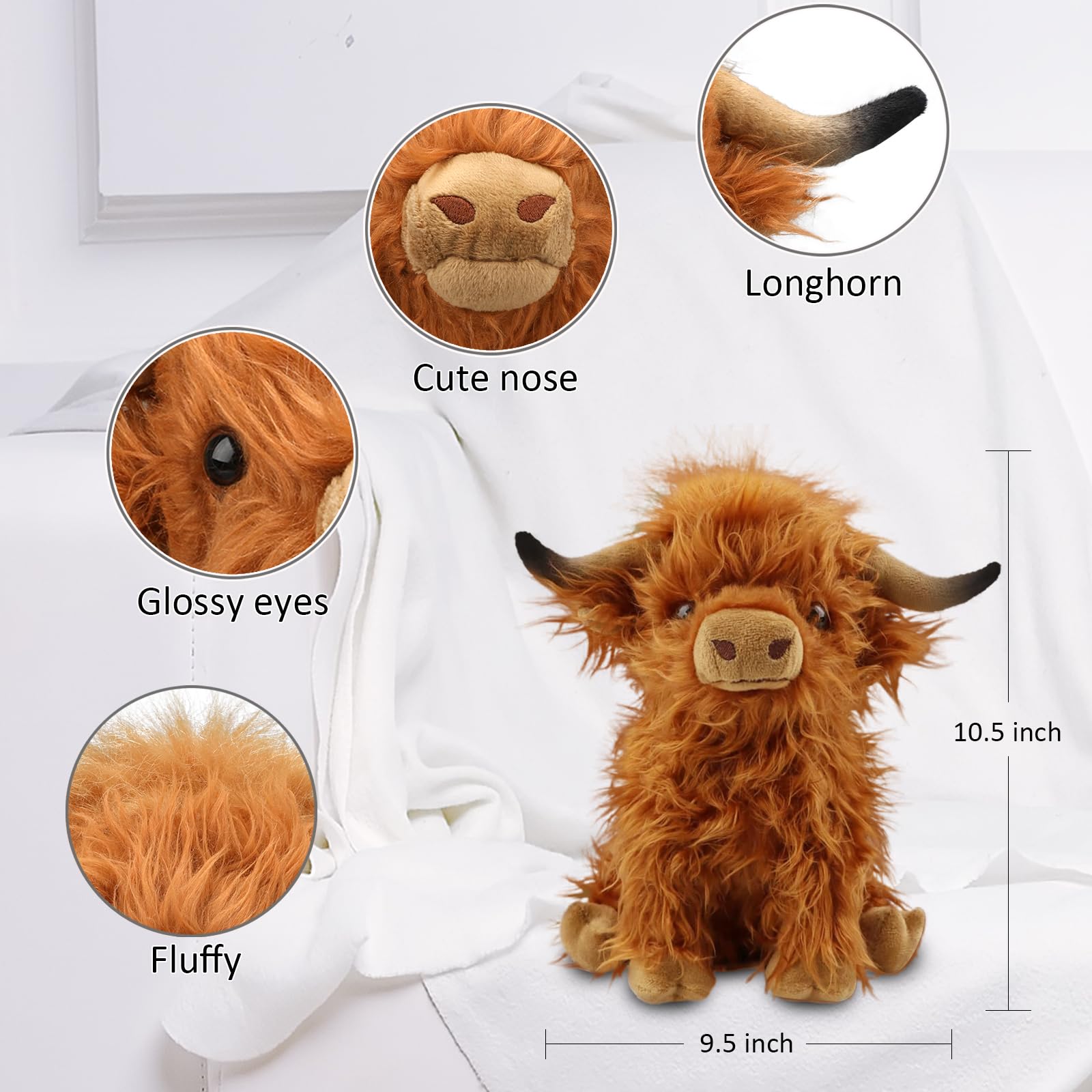 rivoeis 10.5 inches Highland Cows Stuffed Animals, Cute Fluffy Cow Plush Figure Toys Realistic Highland Cattle Plush Decor for Kids Baby Girls Boys