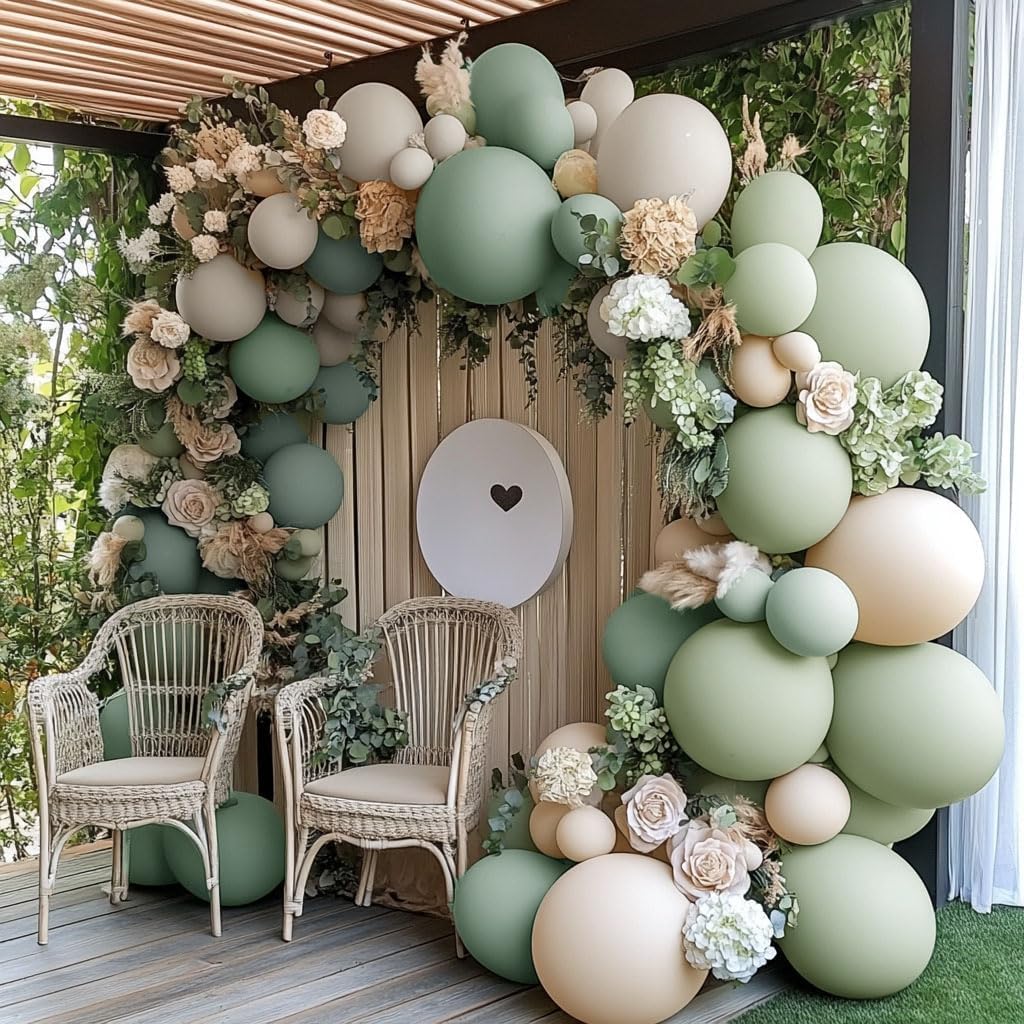 Dusty Green White Sand Balloon Garland - Double Stuffed Light Sage Green White Cream Balloon Arch Kit Latex Olive Beige Balloons for Baby Shower