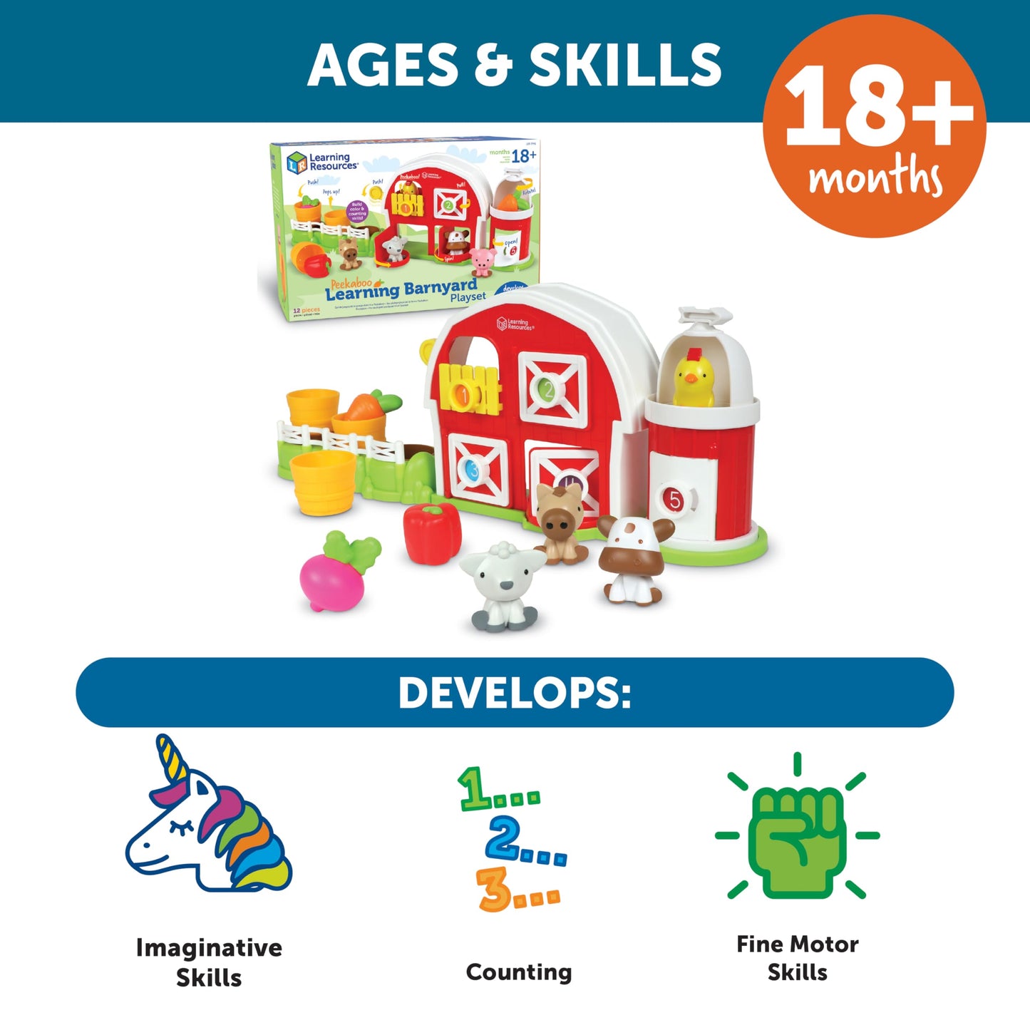 Learning Resources Peekaboo Learning Barnyard Playset - Farm Animal Toys, Montessori Toddler Toys, Imaginative and Fine Motor Skills, Counting Skills