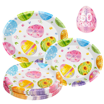 50 Pack Large Easter Plates Set - Watercolor Happy Easter Oval Paper Plates, Disposable Spring Colorful Eggs Oval Heavy Duty Dinner Dessert Plate
