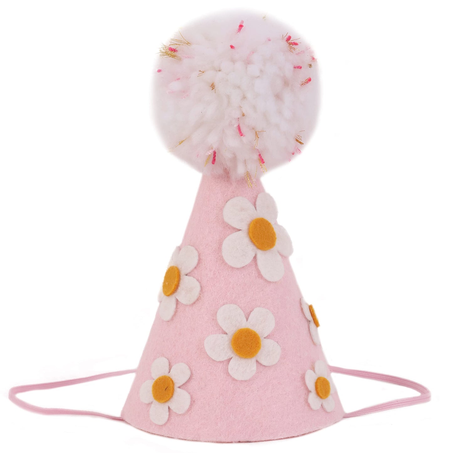 LINLULU Pink Birthday Hat with White Daisy Felt Cloth, Perfect Groovy Party Decorations, Kids Photoshoot Prop, Ages 1-99, Pink