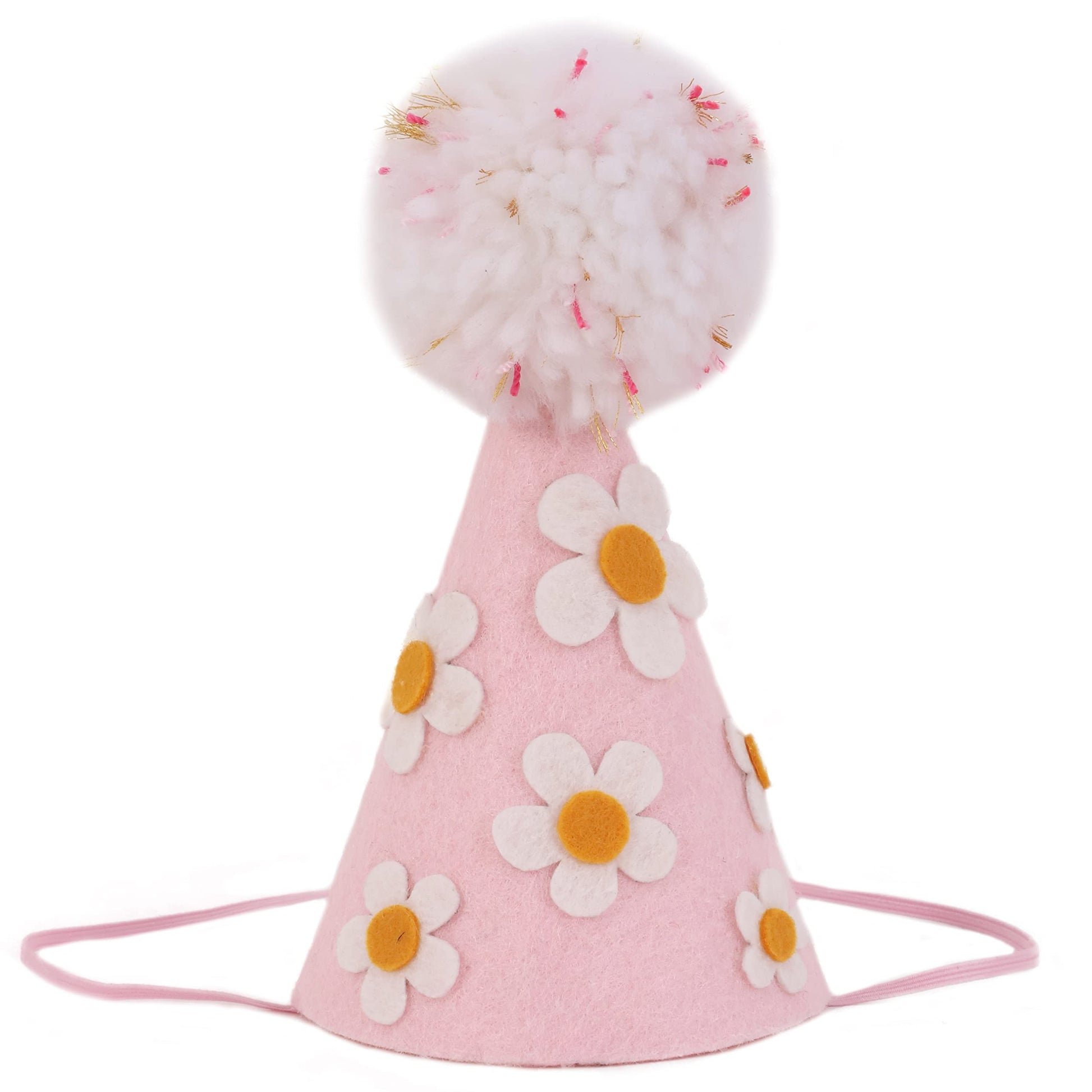 LINLULU Pink Birthday Hat with White Daisy Felt Cloth, Perfect Groovy Party Decorations, Kids Photoshoot Prop, Ages 1-99, Pink