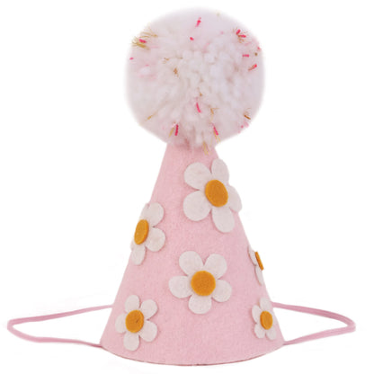LINLULU Pink Birthday Hat with White Daisy Felt Cloth, Perfect Groovy Party Decorations, Kids Photoshoot Prop, Ages 1-99, Pink