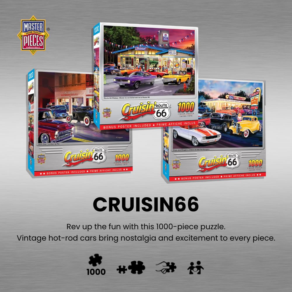 MasterPieces - 1000 Piece Jigsaw Puzzle, Route 66 Friday Night Hot Rods, Fun for Adults, Family, Kids, 19.25" x 26.75"