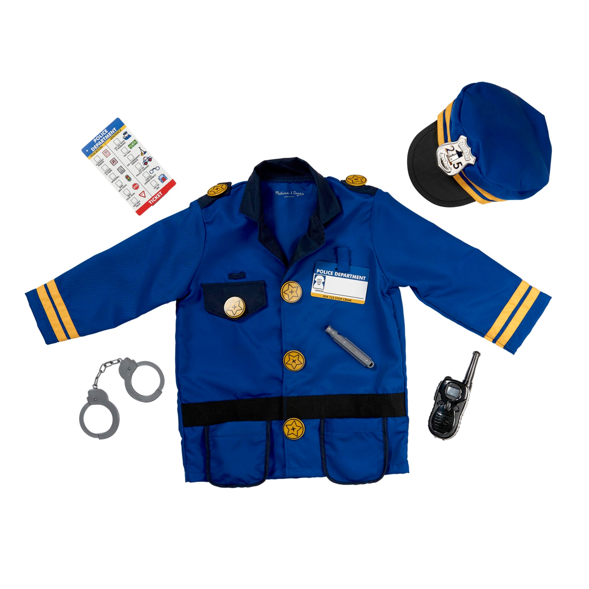 Melissa & Doug Police Officer Costume, 8-Pc Pretend Play Dress Up, Badge, Handcuffs & Accessories, Role Play Toys for Kids 3+