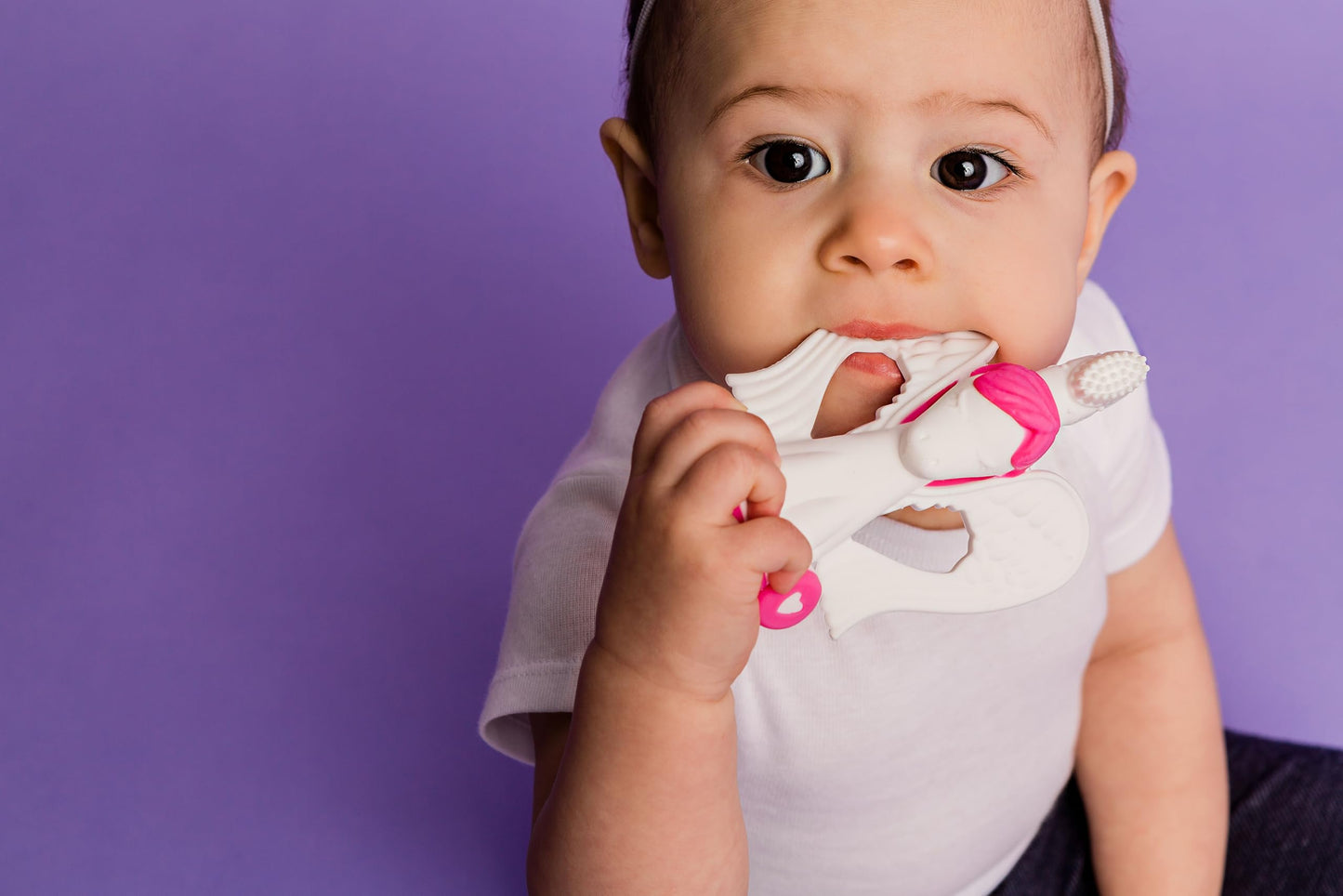 Baby Banana® Unicorn Toothbrush and Teether. Butter Soft Food Grade Bendable silcone with Feather bistles to gnaw on for All Baby Ages. Family-Owned