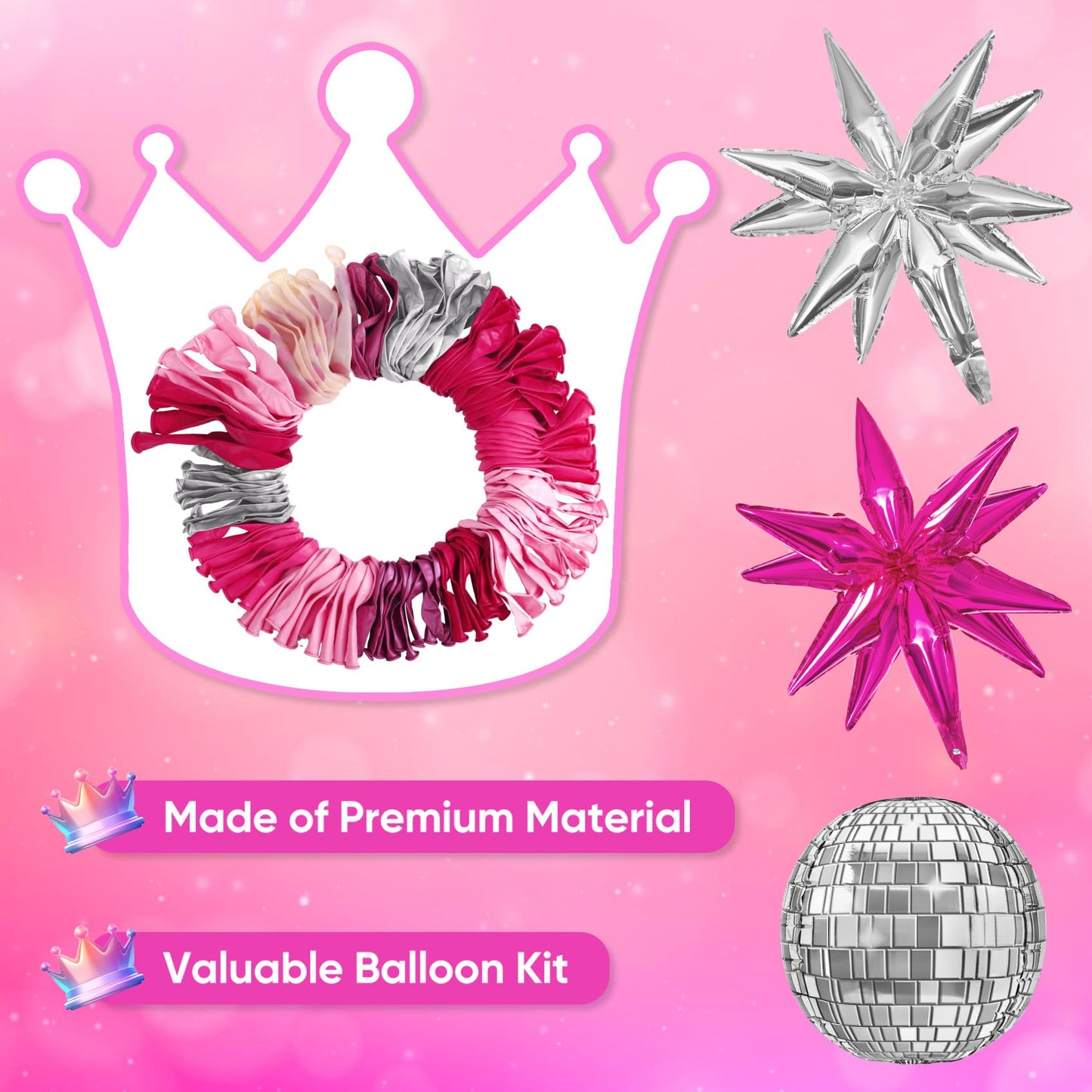 143Pcs Princess Pink and Silver Valentines Balloon Garland Arch Kit, Hot Pink Confetti 4D Star Disco Ball Crown Balloons for Girls Women Bridal Baby