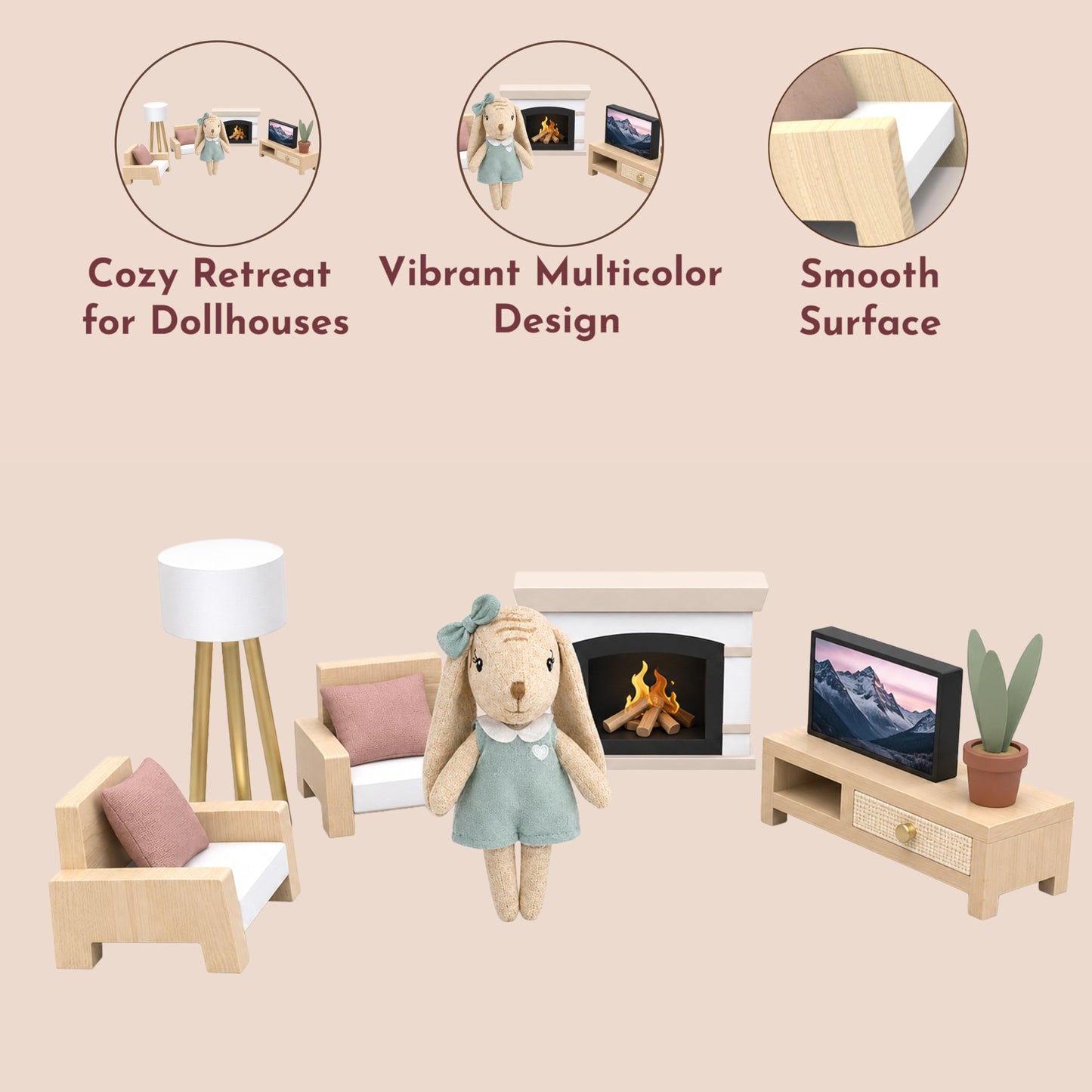 SPEEDY MONKEY Cozy Kids Dollhouse Living Room Playset with Bunny Sofa & TV