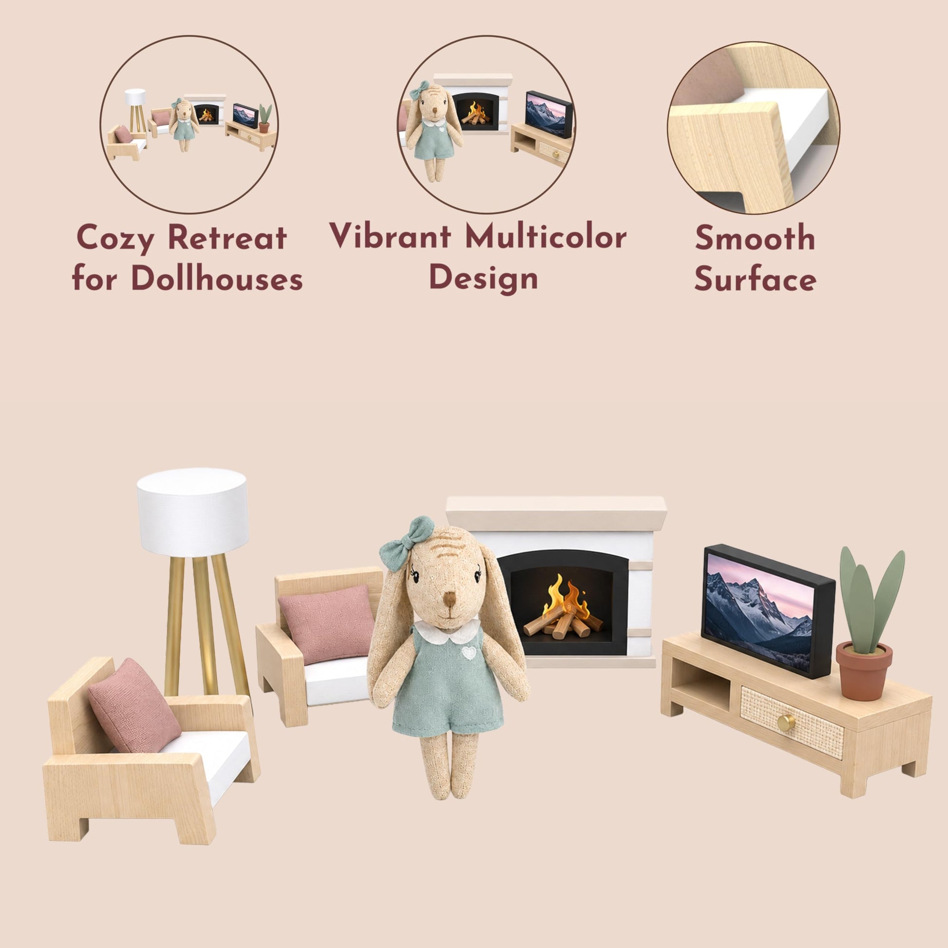 SPEEDY MONKEY Cozy Kids Dollhouse Living Room Playset with Bunny Sofa & TV