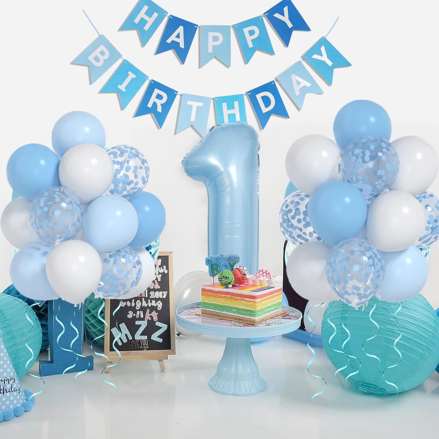 Baby Blue White Balloons And 40inch 1 Balloon, First Birthday Decorations For boy With blue White Confetti Balloons, Happy Birthday Banner Large 1