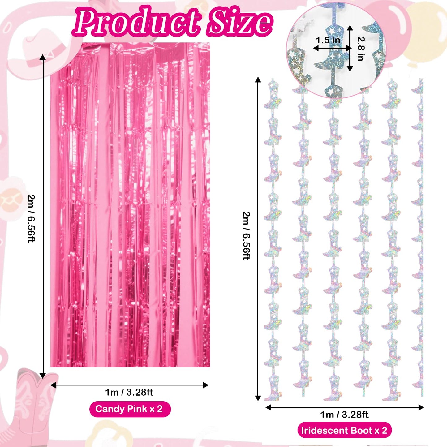 4 Pcs Cowgirl Party Decorations - 2 Boot Silver Metallic Tinsel Fringe Curtains & 2 Candy Pink Backdrops for Birthday Supplies Last Rodeo Bachelorette