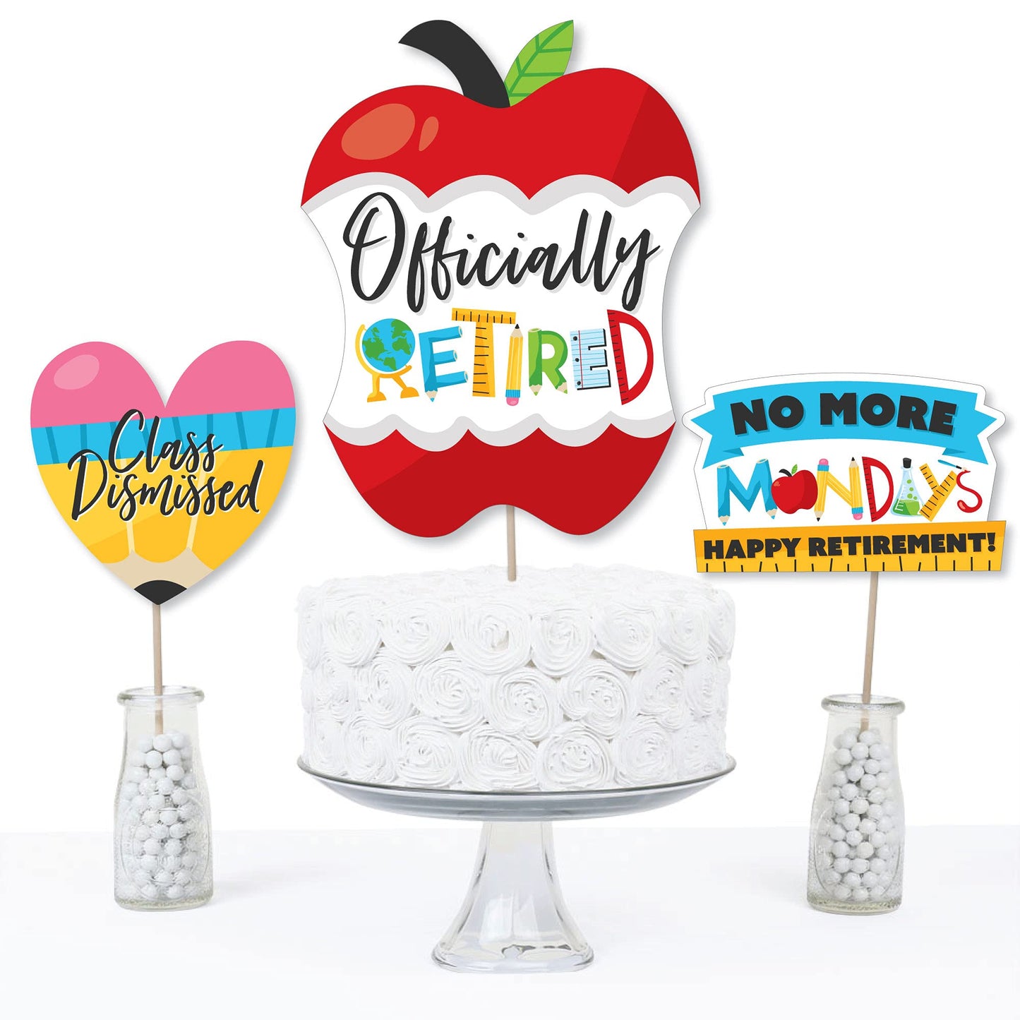 Big Dot of Happiness Teacher Retirement Party Centerpiece Decorations - 15-Piece Table Topper Set with Apple, Heart, No More Mondays Designs
