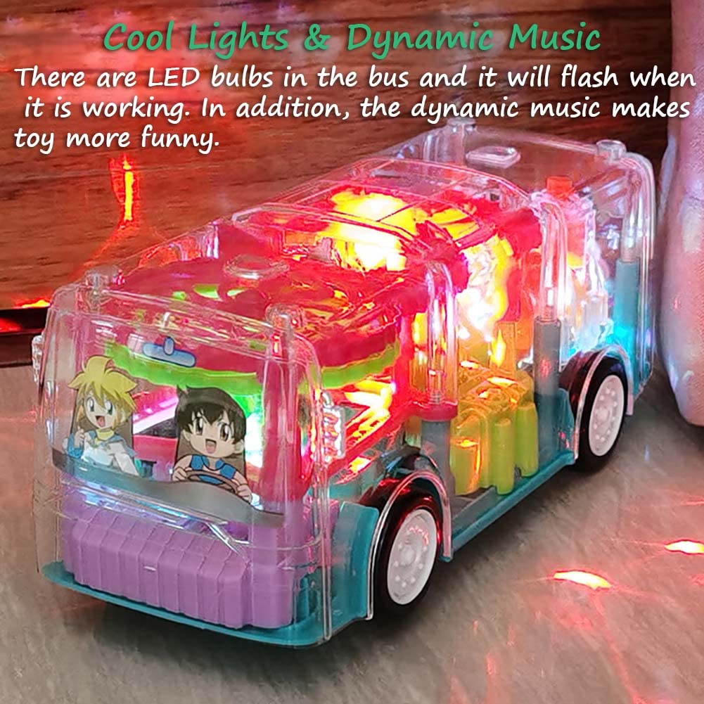 Miracland Transparent Mechanical Gear Bus - Electronic Vehicle With Universal Wheels, Lights, and Music - STEM Concept Racer Car Toy