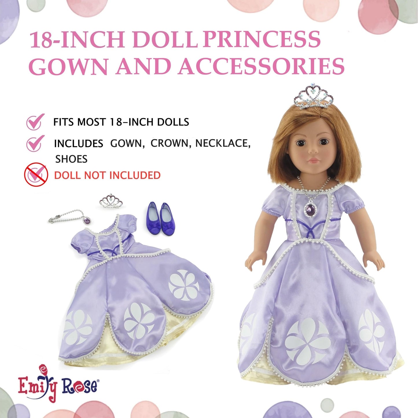 Emily Rose 18" Doll Princess Value Bundle - 10-Piece Island Princess & Royal Ball Gown Gift Set with Crown, Necklace & Shoes - Holiday Dress Up