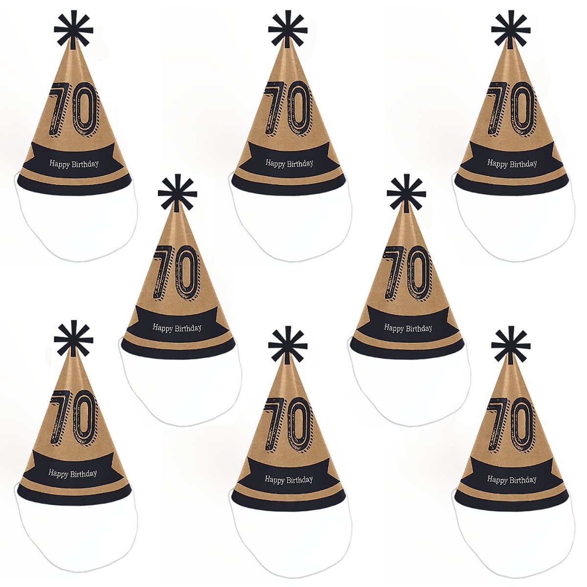 Big Dot of Happiness 70th Milestone Birthday - Cone Happy Birthday Party Hats for Adults - Set of 8 (Standard Size)