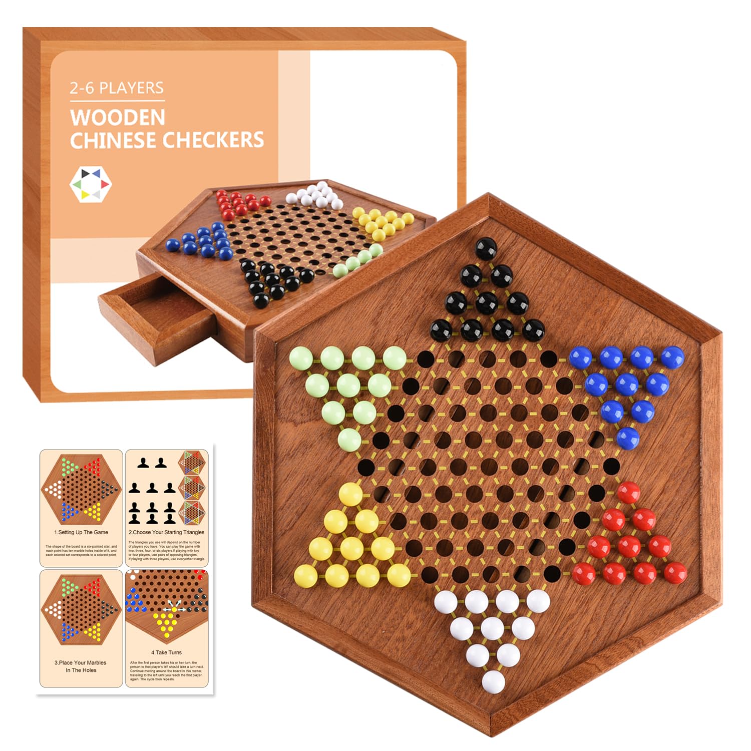Wooden Chinese Checkers with Drawers 12 Bonus Spare Marbles| Natural Wooden Board Game| Includes 60 Colorful Acrylic Marbles | Family Board Game