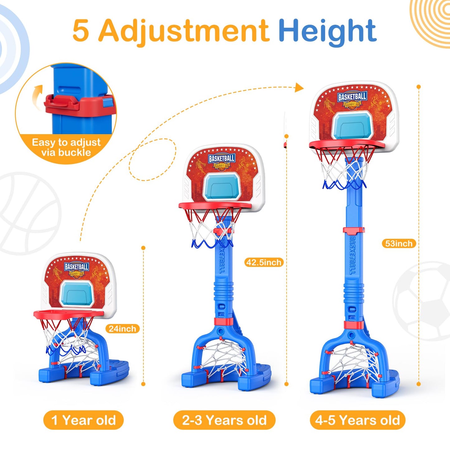 Toddler Basketball Hoop & Soccer Goal, Adjustable, 4 Balls, Indoor & Pool