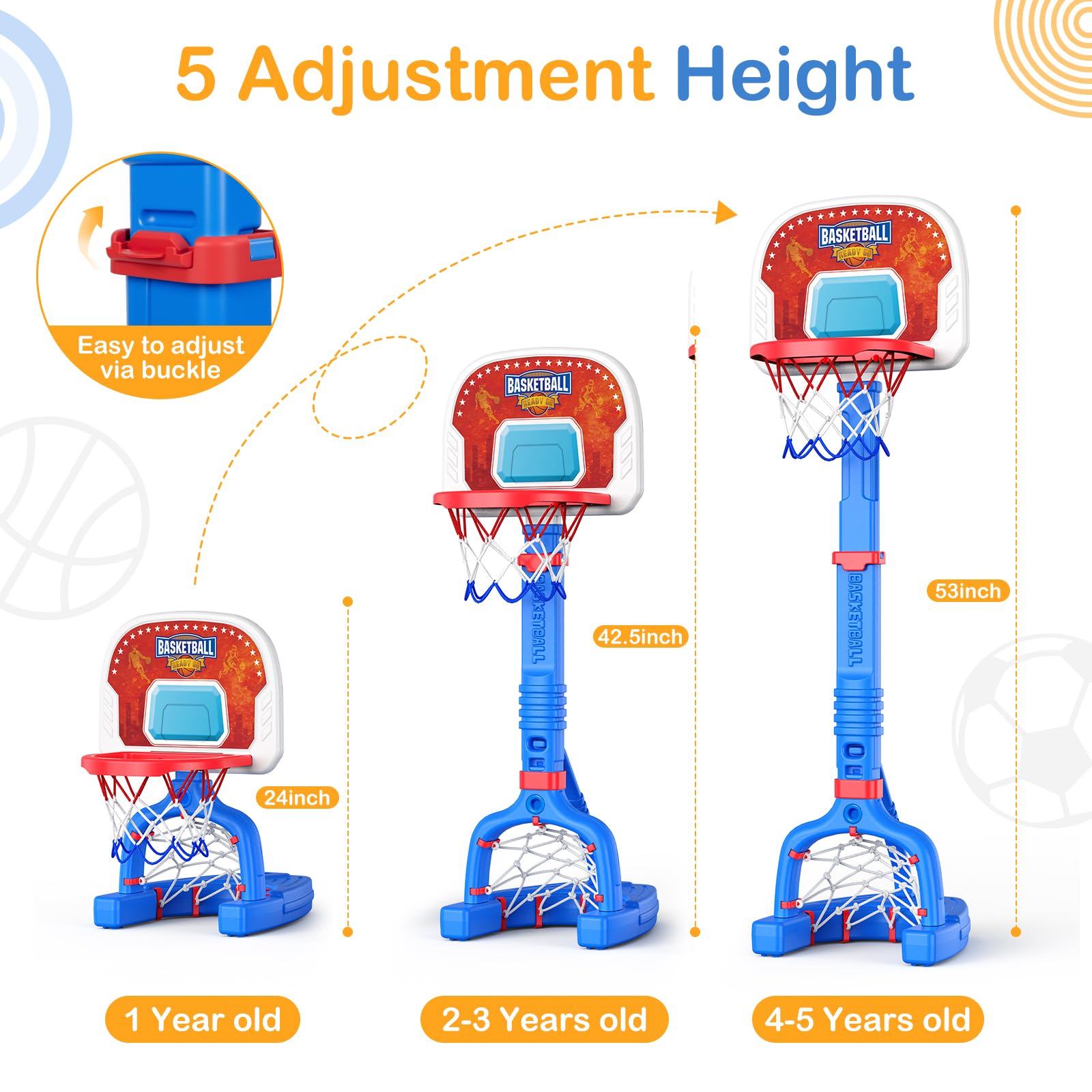 Toddler Basketball Hoop & Soccer Goal, Adjustable, 4 Balls, Indoor & Pool