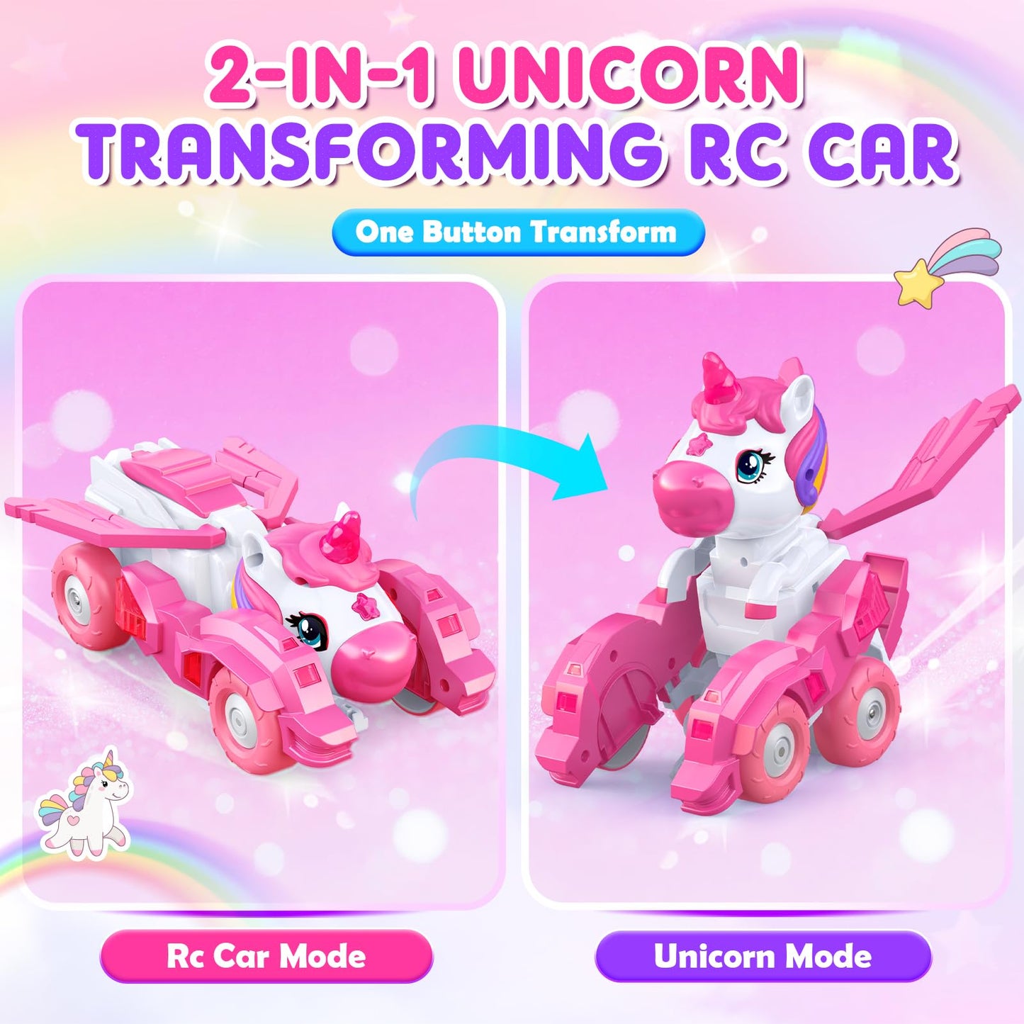 Unicorn Transforming RC Car, 2-in-1 Robot, 60-Min Playtime, Rechargeable