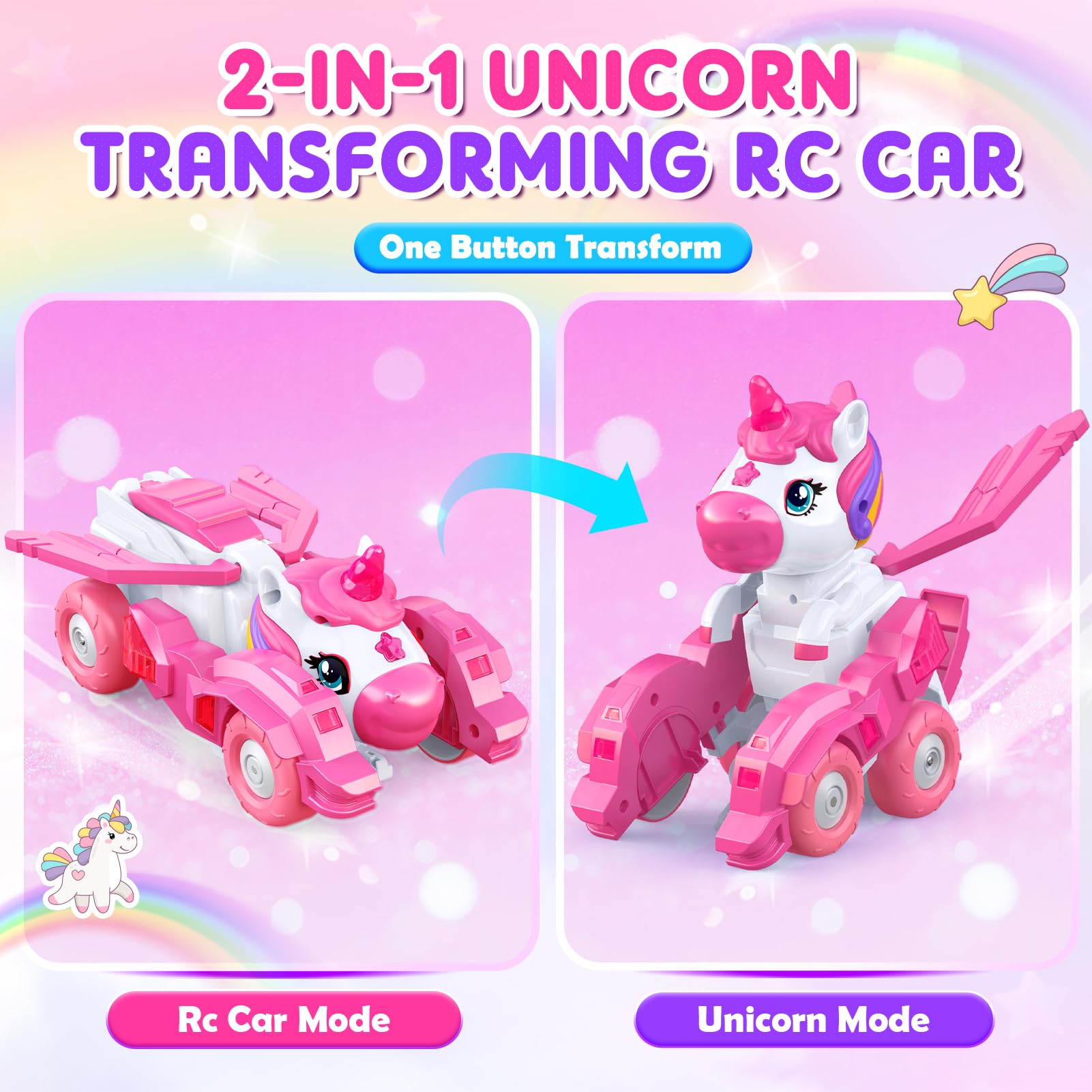 Unicorn Transforming RC Car, 2-in-1 Robot, 60-Min Playtime, Rechargeable