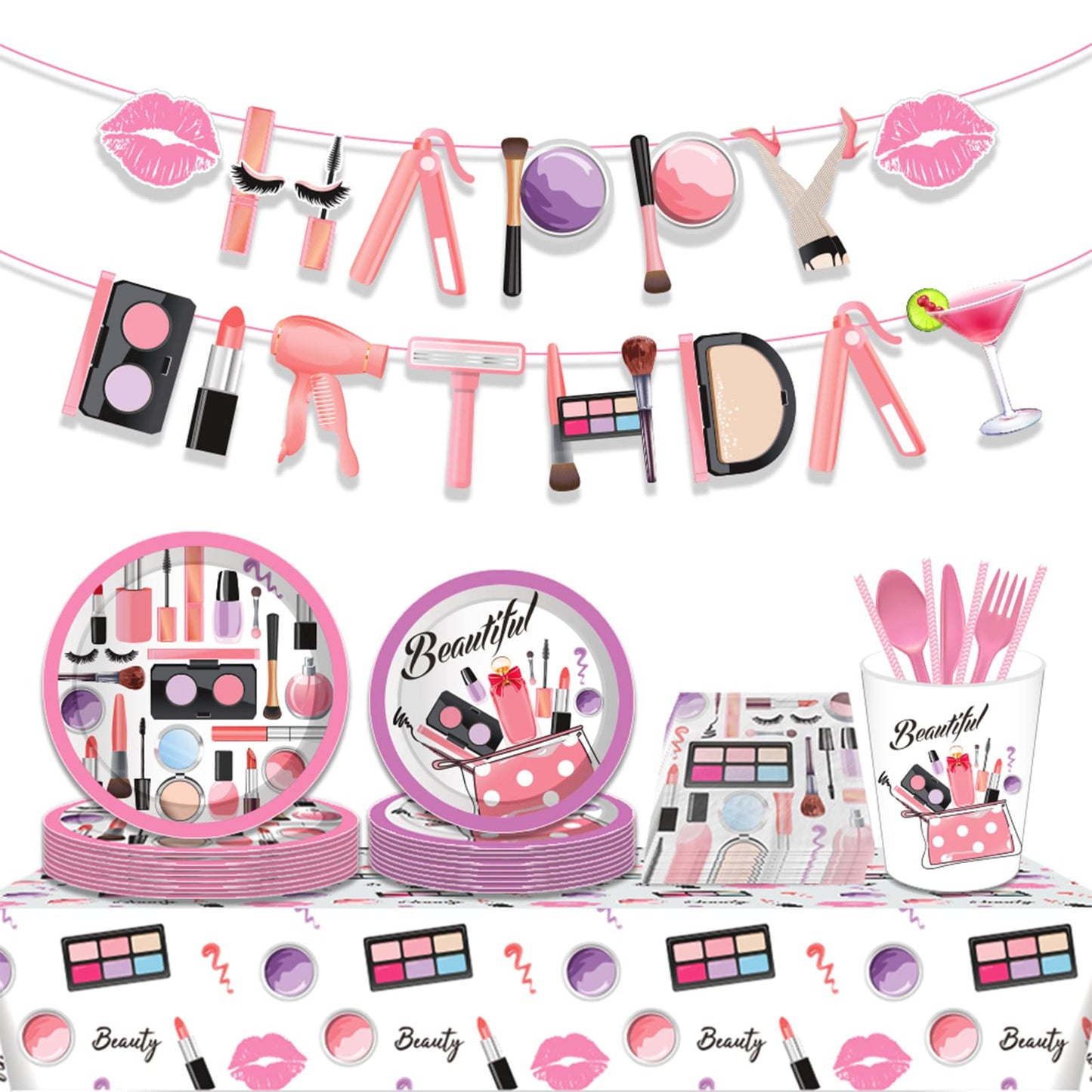 MIKIMIQI 1 Pack SPA Makeup Party Decorations Spa Table Decorations Pink Cosmetic Themed Table Cover Birthday Party Table Runner Makeup Tablecloth