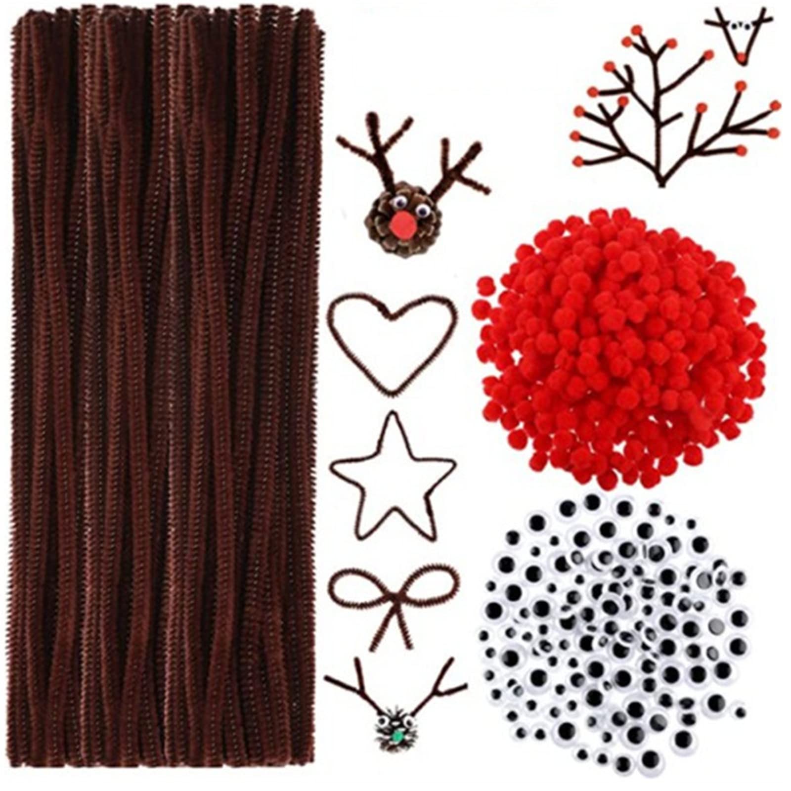 Cheeroyal 400Pcs Christmas Reindeer DIY Craft Set, Including 100Pcs Brown Pipe Cleaners Chenille, 150Pcs Googly Eyes, 150Pcs Red Pom Poms Pompoms Red