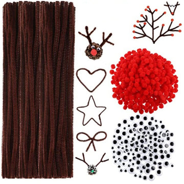 Cheeroyal 400Pcs Christmas Reindeer DIY Craft Set, Including 100Pcs Brown Pipe Cleaners Chenille, 150Pcs Googly Eyes, 150Pcs Red Pom Poms Pompoms Red