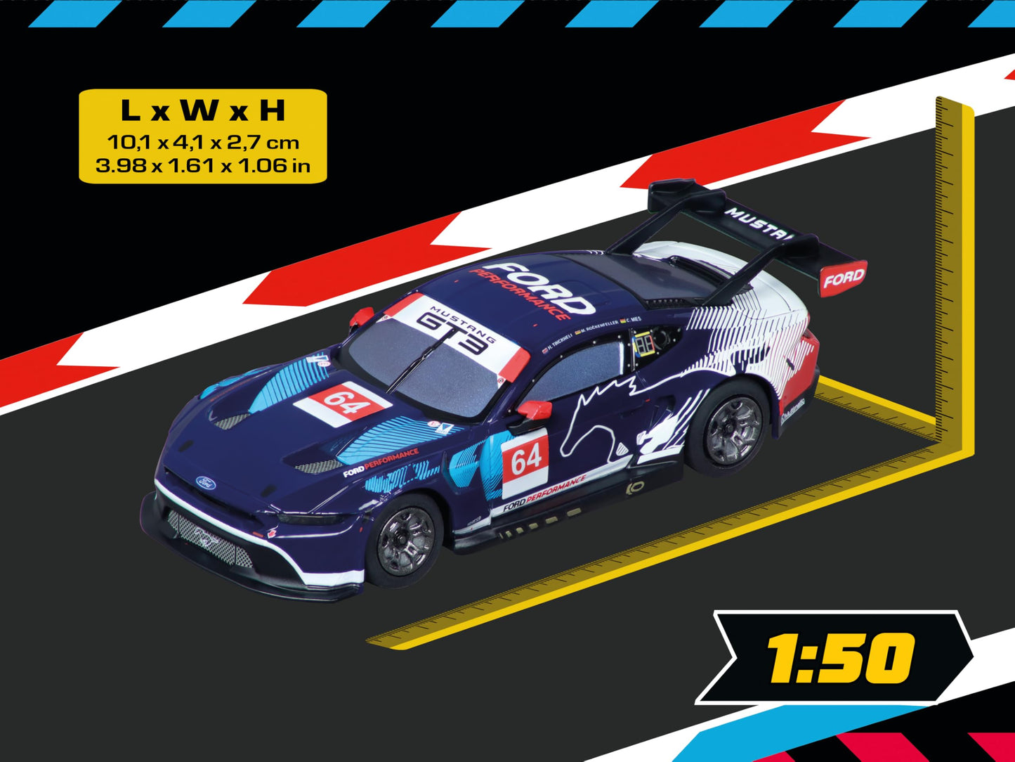 Carrera Hybrid Racing Car Ford Mustang GT3 Ford Performance, No.64 1:50 Scale Front and Rear Lights USB-C Rechargeable RC Additional Vehicle