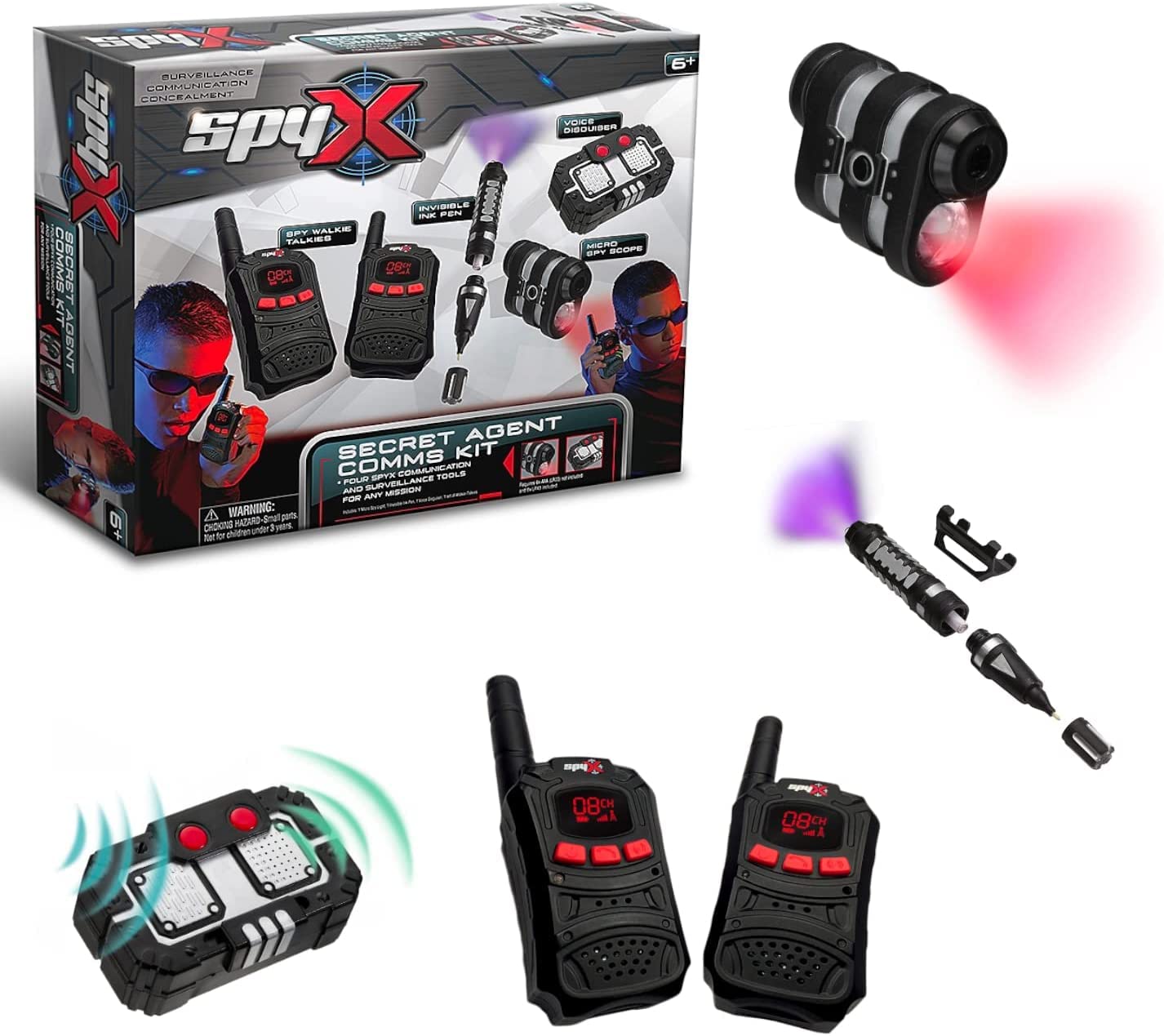SpyX / Secret Agent Comms Kit - Includes Spy Toy Walkie-Talkie Pair / Micro Spy Scope / Invisible Ink Pen / Secret Voice Disguiser. 4 Communication &