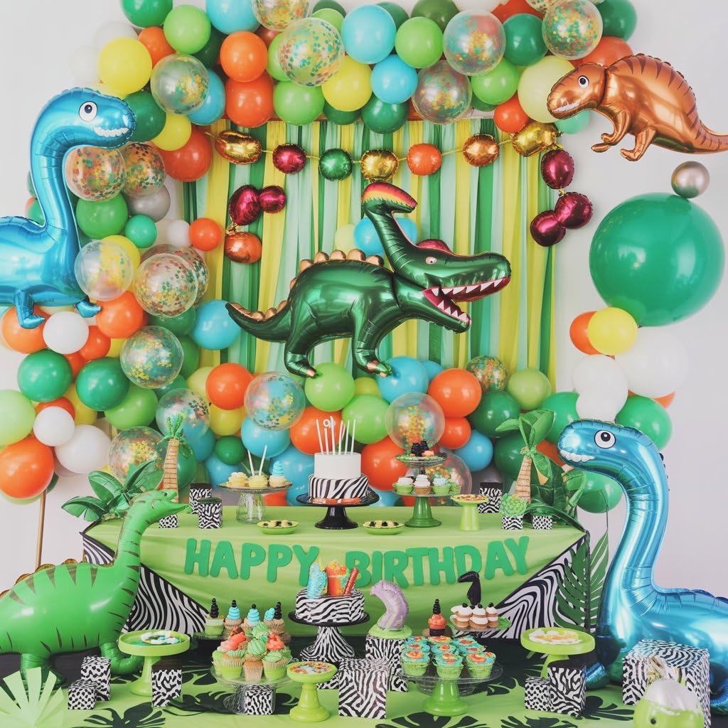 Dinosaur Balloons, 12 Inch Dark Green Teal and Orange Balloons, Metallic Gold Fruit Green Gold Confetti Balloon with Ribbons for Boys Baby Shower