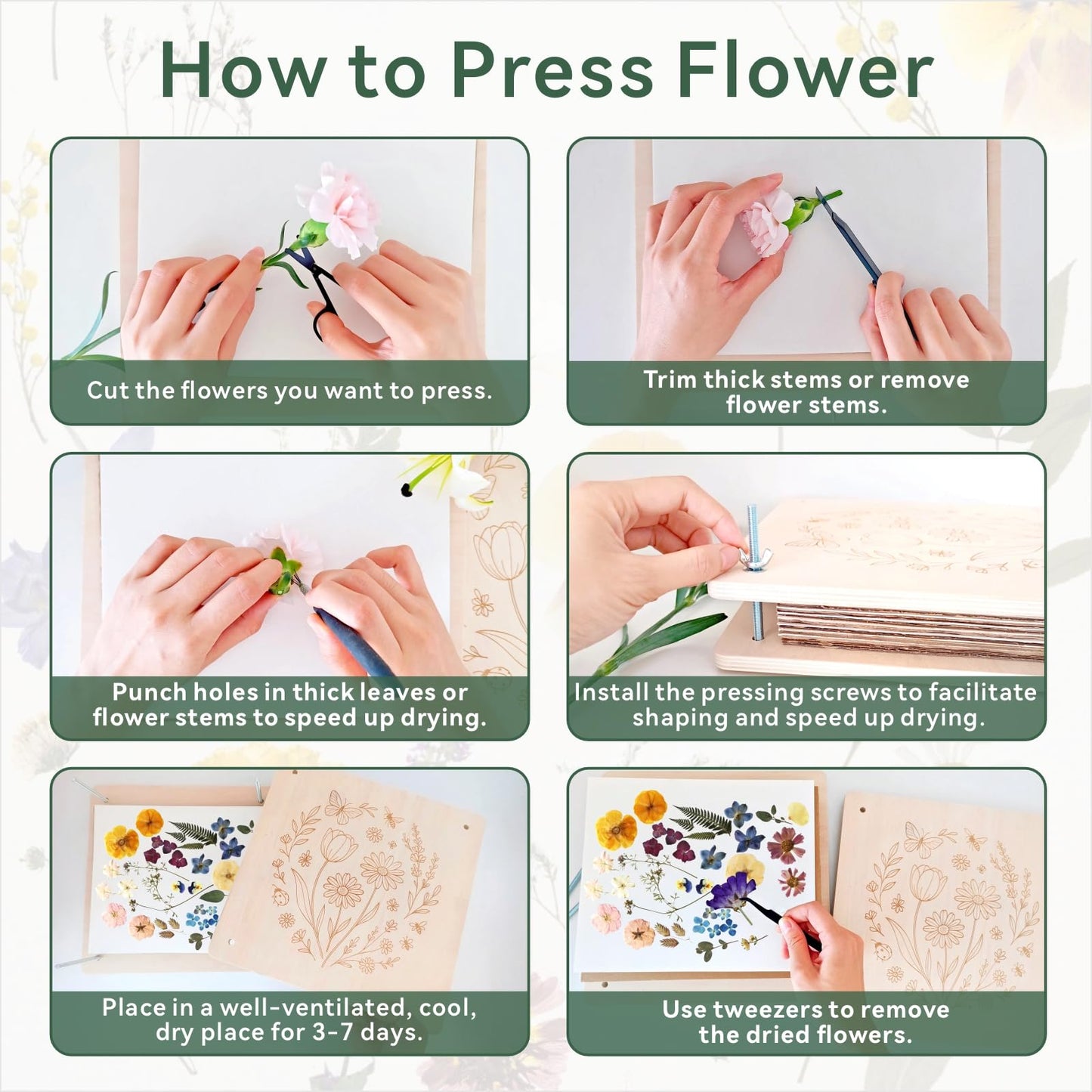 TTUGTTUG Flower Press Kit for Adults, 11" x 11" Large Wooden 10-Layer Press for DIY Floral Art, Wedding Flower Drying, Great Gift for DIY Flowers