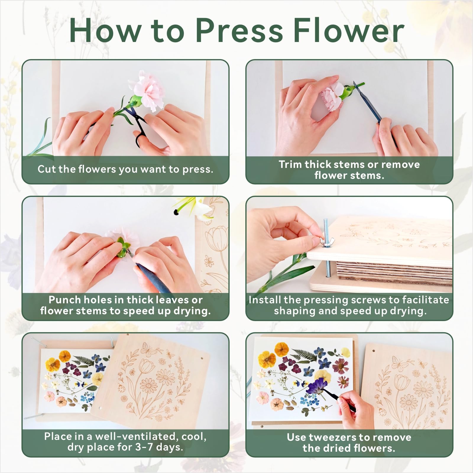 TTUGTTUG Flower Press Kit for Adults, 11" x 11" Large Wooden 10-Layer Press for DIY Floral Art, Wedding Flower Drying, Great Gift for DIY Flowers