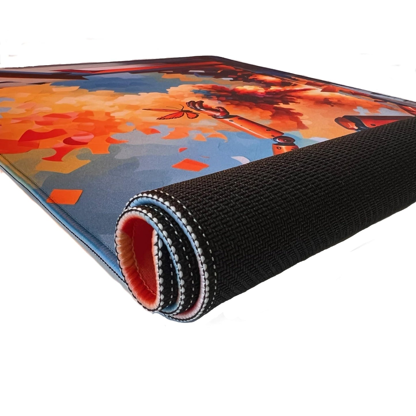 Foxtrot Designs TCG Playmat, 24in x 14in, Premium Stitched Edges, Non-Slip Base for MTG and Other Trading Card Games. MTG Playmat. (District 10)