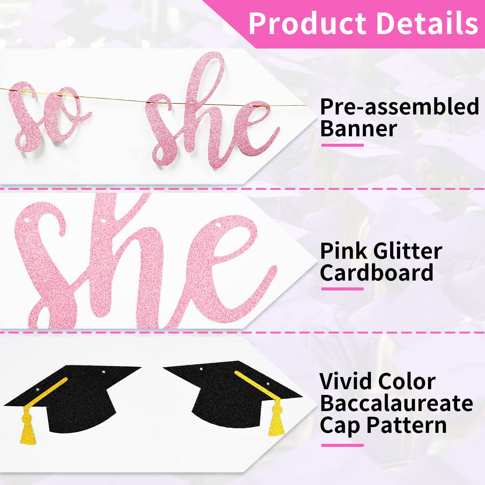 She Believed She Could So She Did Banner Decorations - Pink Glitter She Did It 2024 Garland Graduation Bunting Banner, Congrats Grad Photo Backdrop