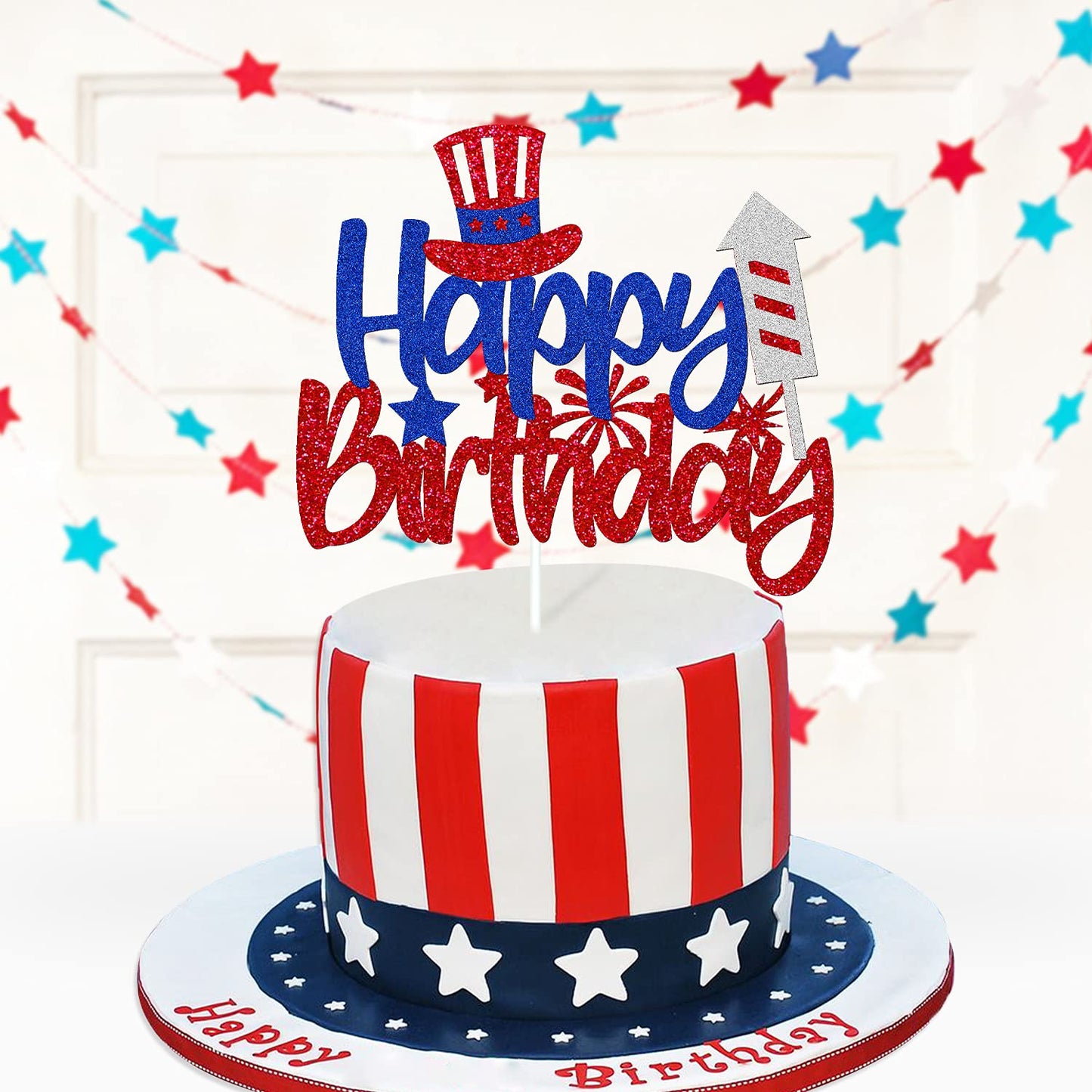 Levvcirki Independence Day Cake Topper Happy Birthday Cake Decoration for Boys Girls Red and Blue Glitter USA Patriotic Cake Decorations for Happy 4th