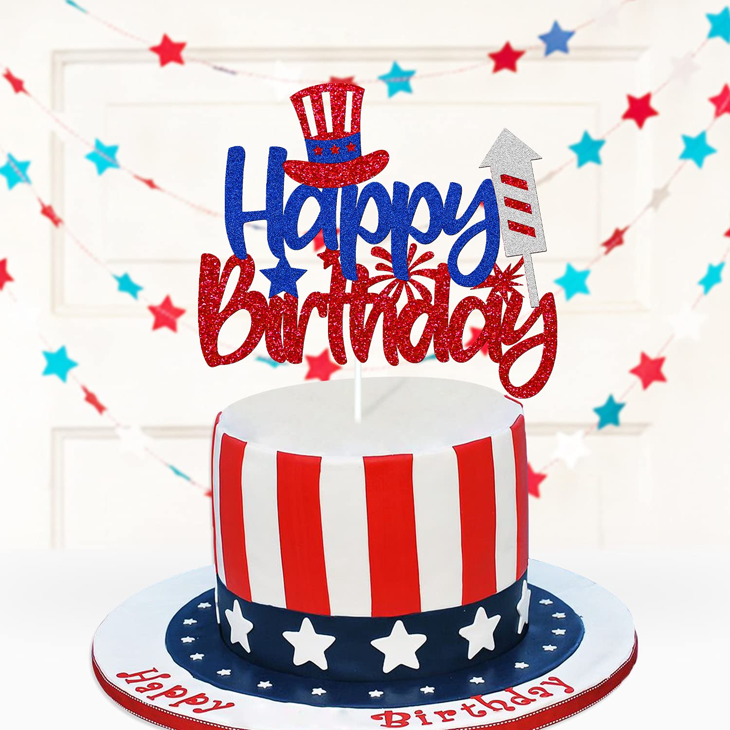 Levvcirki Independence Day Cake Topper Happy Birthday Cake Decoration for Boys Girls Red and Blue Glitter USA Patriotic Cake Decorations for Happy 4th